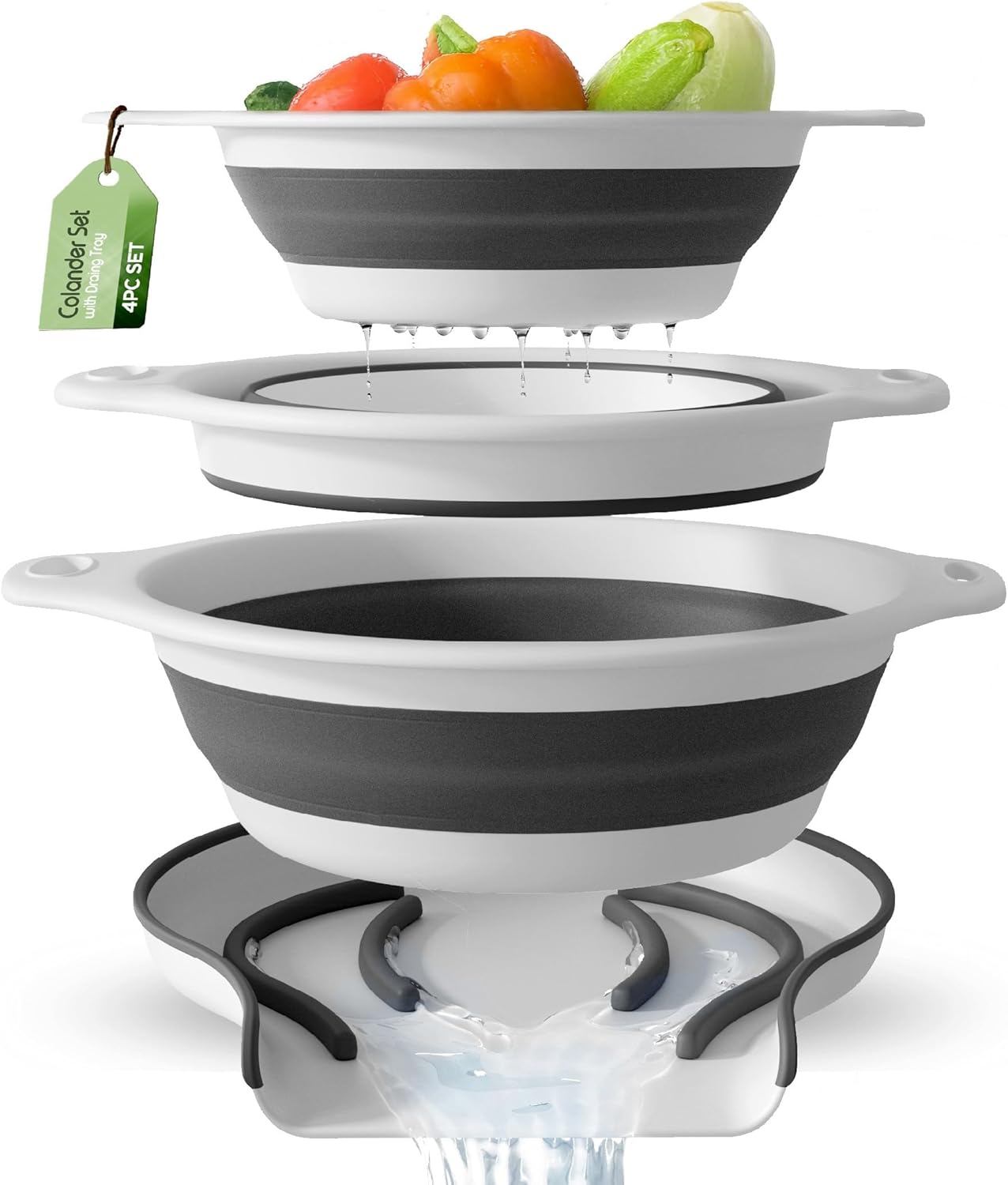 with Over-Sink Water Draining Base for Pasta Fruits and Vegetables, White (3 Sizes, 3QT, 4QT and 5 Quart)