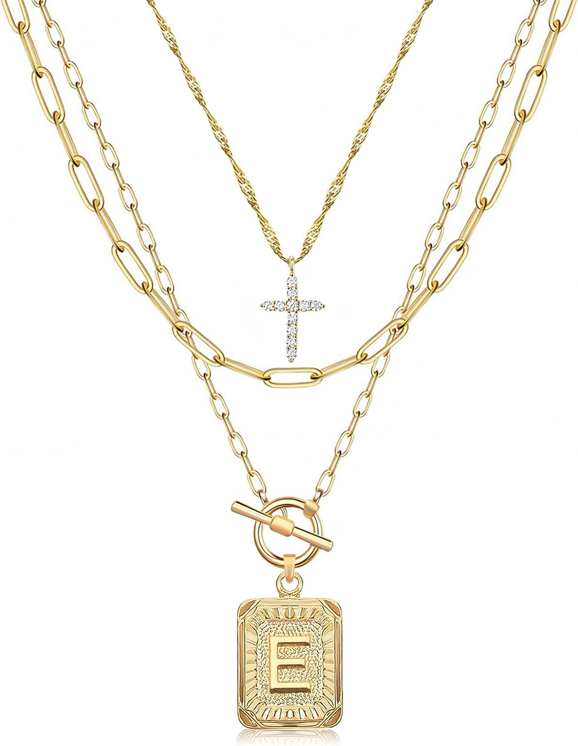 Layered Initial Necklace for Women, 14K Gold Plated Letter Pendant with Cross Charm, Paperclip Chain Choker Jewelry