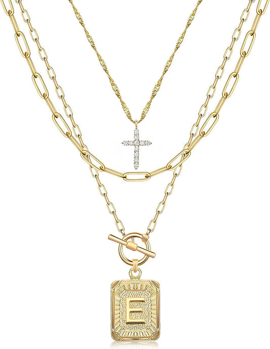 Layered Initial Necklace for Women, 14K Gold Plated Letter Pendant with Cross Charm, Paperclip Chain Choker Jewelry