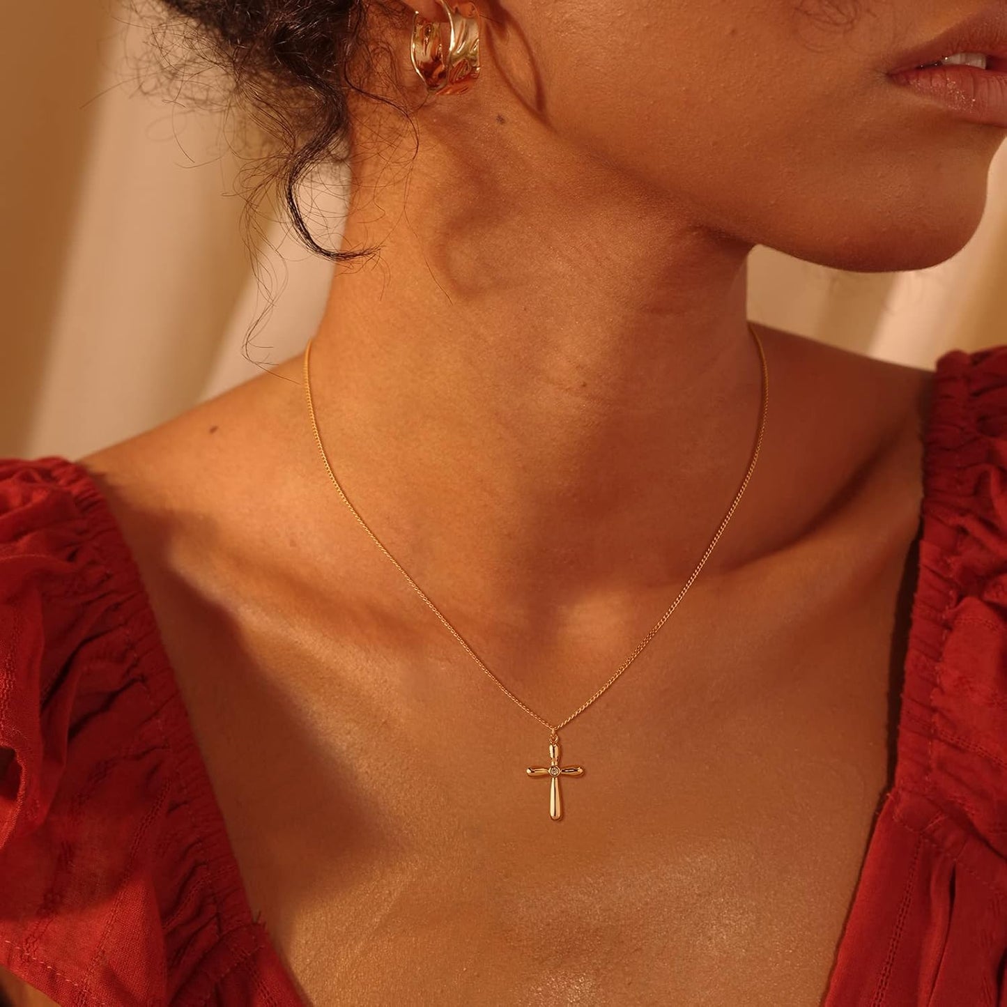 Cross Necklace 14K Plated Dainty Chain, Minimalist Faith Pendant Religious Prayer Jewelry Gift
