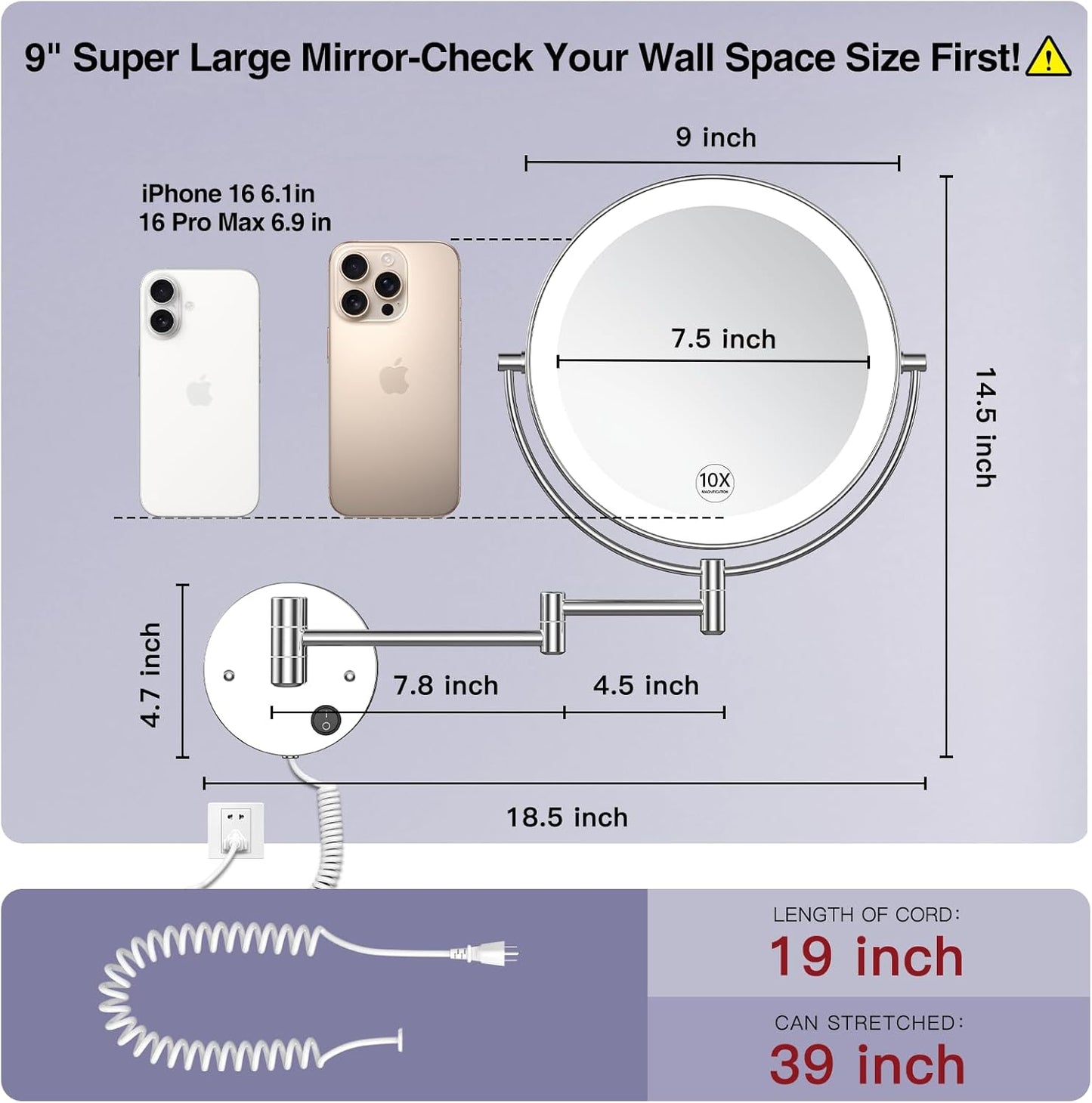9" Large Size Wall Mounted Lighted Makeup Vanity Mirror, 1X/10X Magnifying  Bathroom Mirror