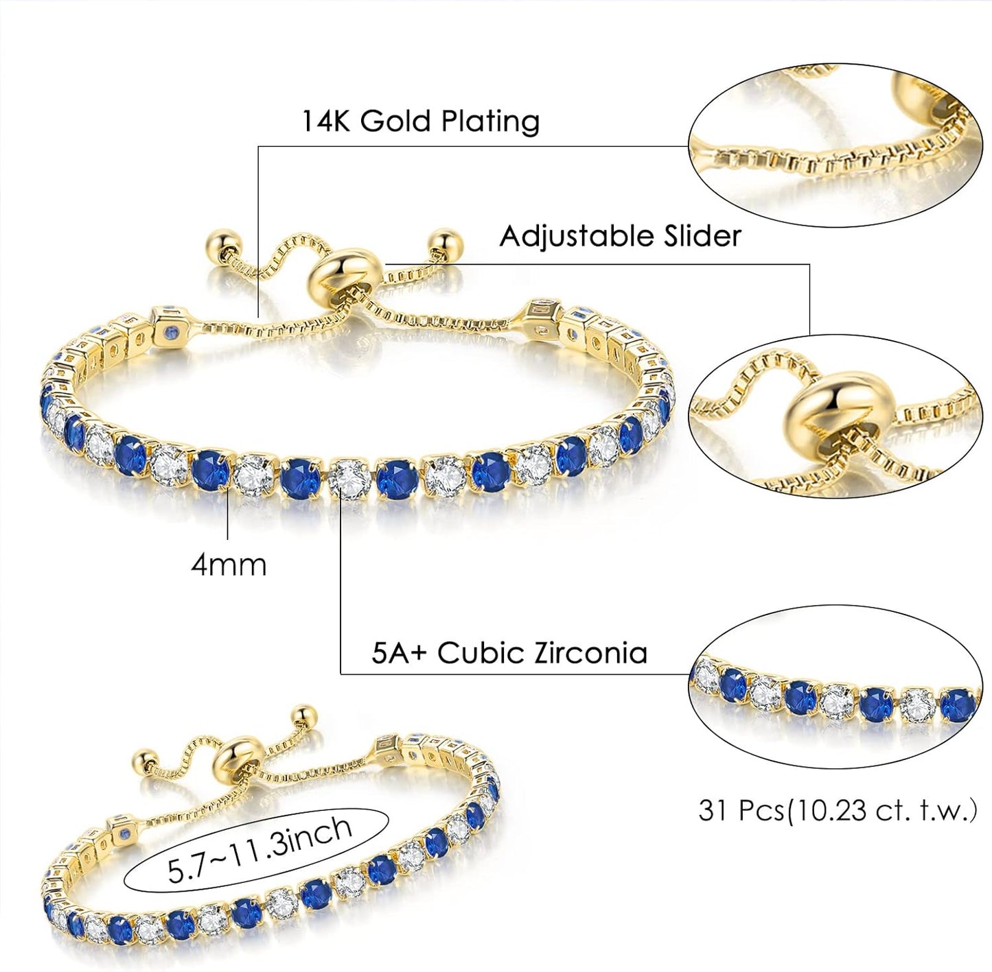 Tennis Bracelets for Women White Gold Plated Diamond AAA+ Cubic Zirconia CZ Dainty Classic Adjustable Slider