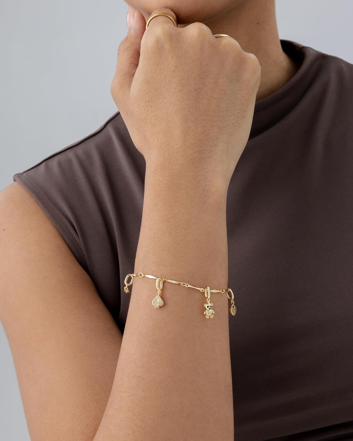 14K Gold Plated Adjustable Bracelet for Women | Twisted Bar & Paperclip Charm Chain Bracelets with Moon, Evil Eye