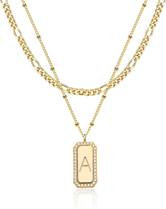14K Gold Plated Initial Necklace - Layered Name Choker for Women, Trendy Dainty Jewelry Gift