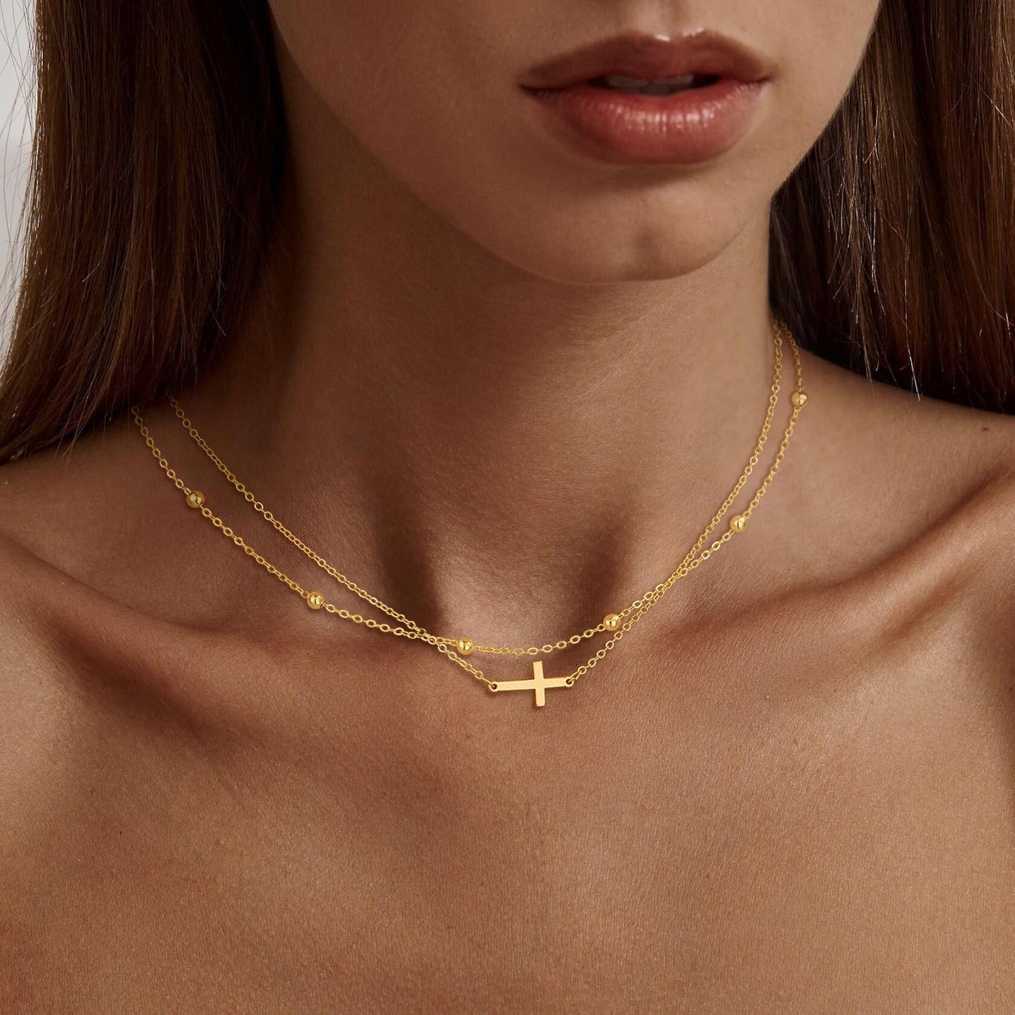 Dainty Layered Cross Necklace: 14K Gold Plated Real Silver Adjustable Choker Gift for Women and Teen Girls