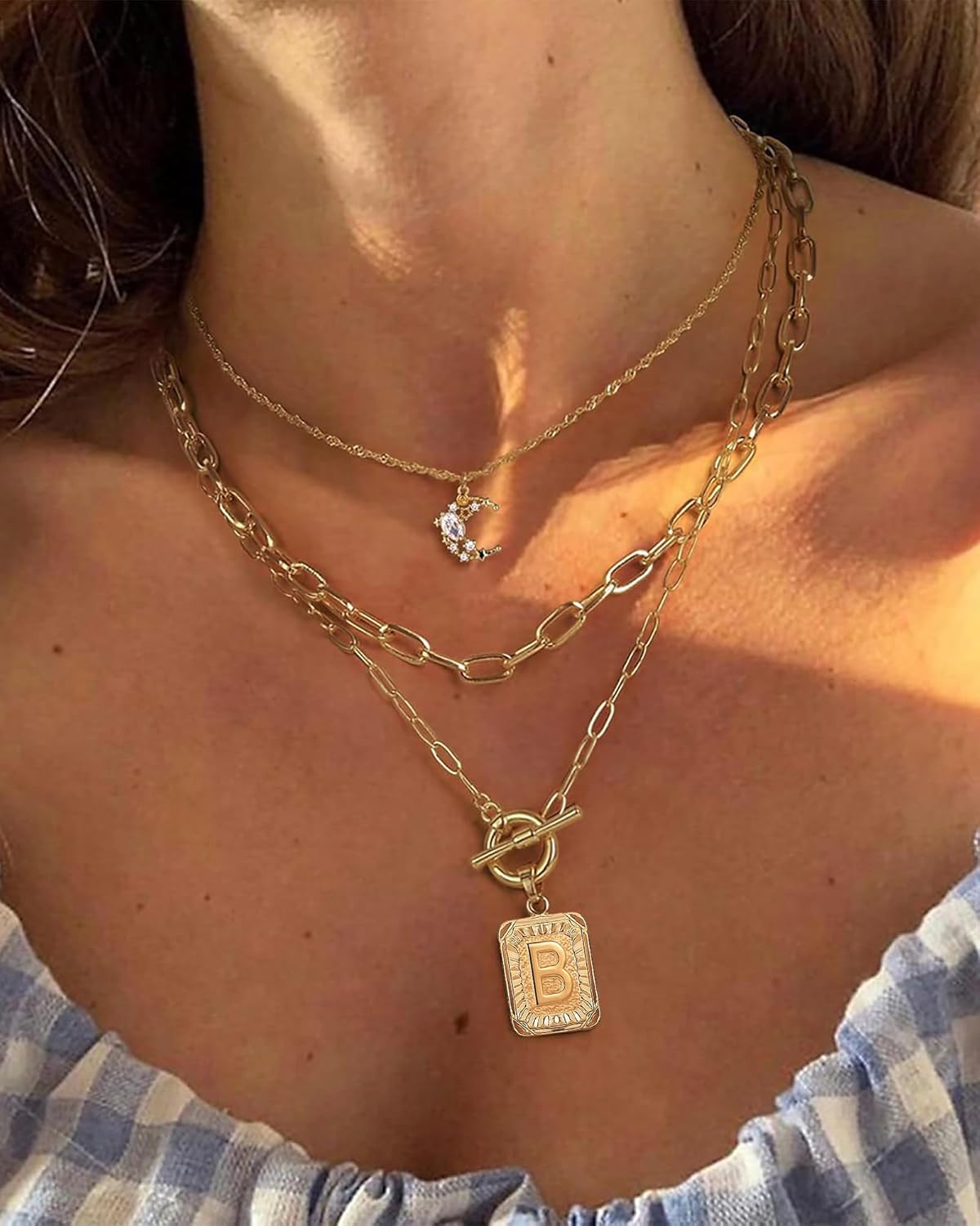 Custom Initial Moon Necklace Set - 14K Gold Plated Layered Letter Choker Gift for Her