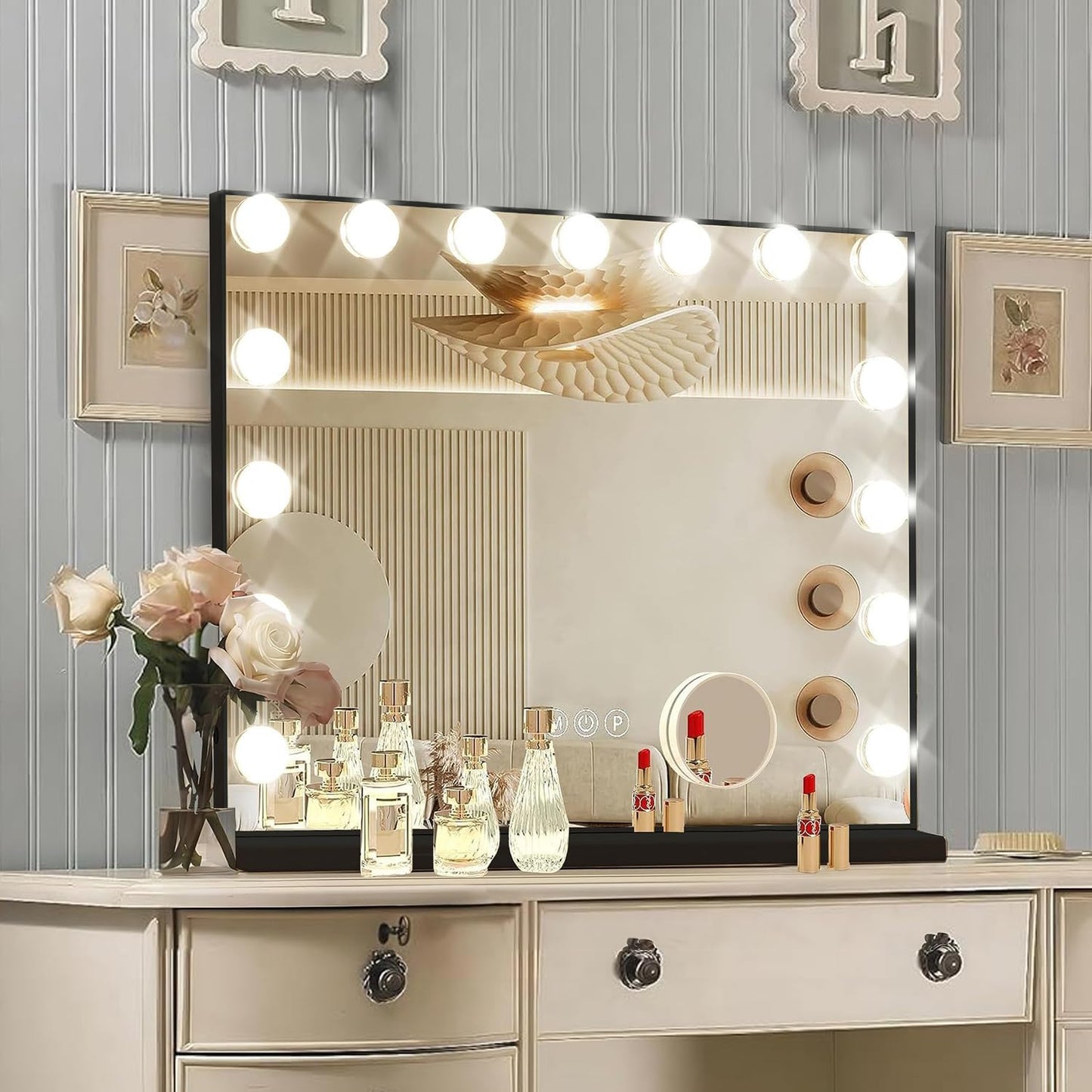 Vanity Mirror with Lights, 15 Dimmable Bulbs, 3 Color Lights,Make Up Lighted Mirror,  USB Charging Port