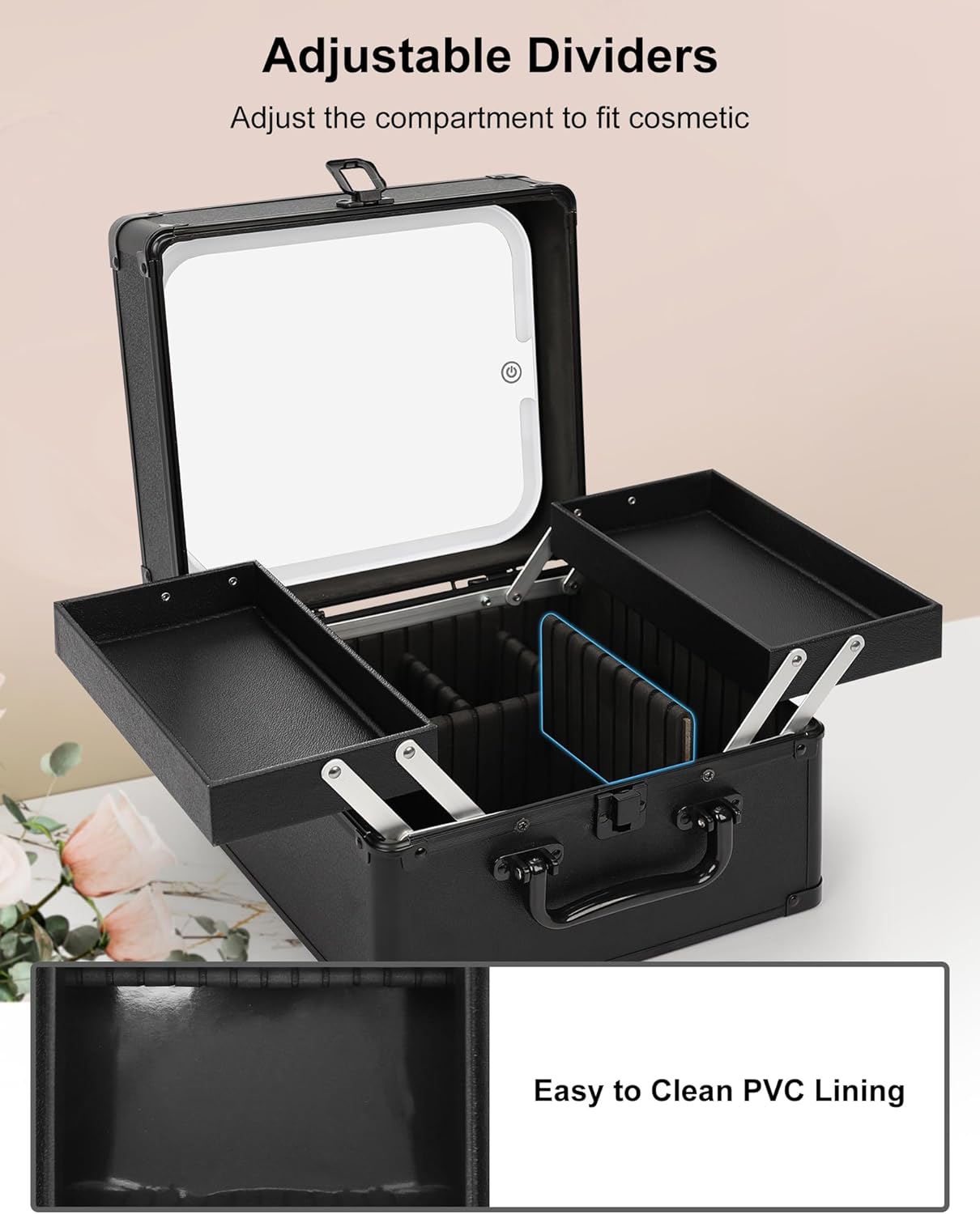 Makeup Bag with Mirror, Large Cosmetic Organizer with 2 Trays and Vanity Mirror with LED Lights