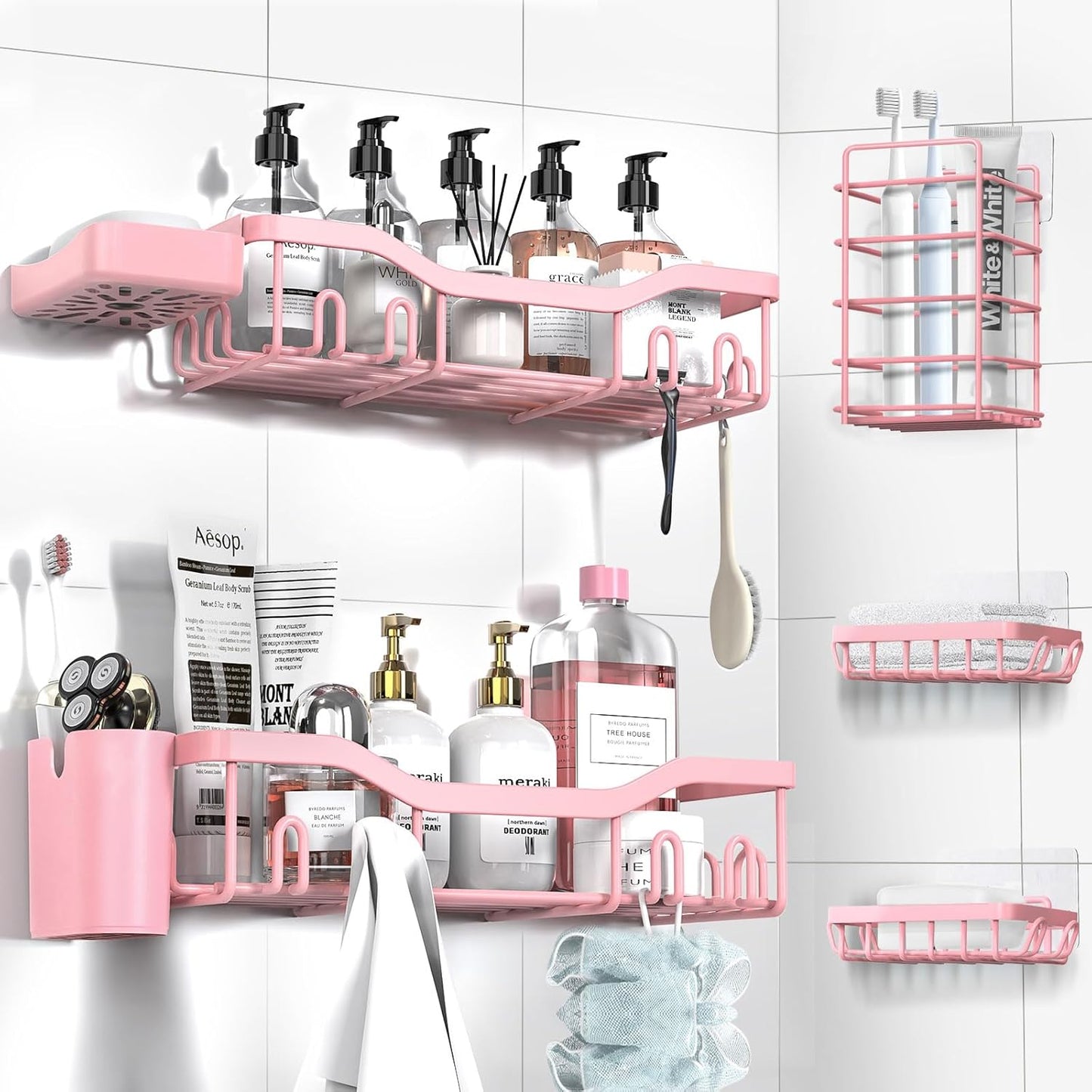 Shower Caddy Adhesive Shower Organizer 7-Pack, No-Drill Rack Storage Accessories