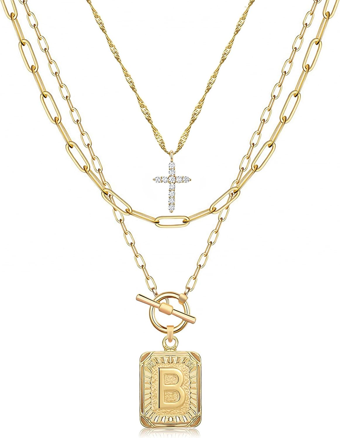 Layered Initial Necklace for Women, 14K Gold Plated Letter Pendant with Cross Charm, Paperclip Chain Choker Jewelry
