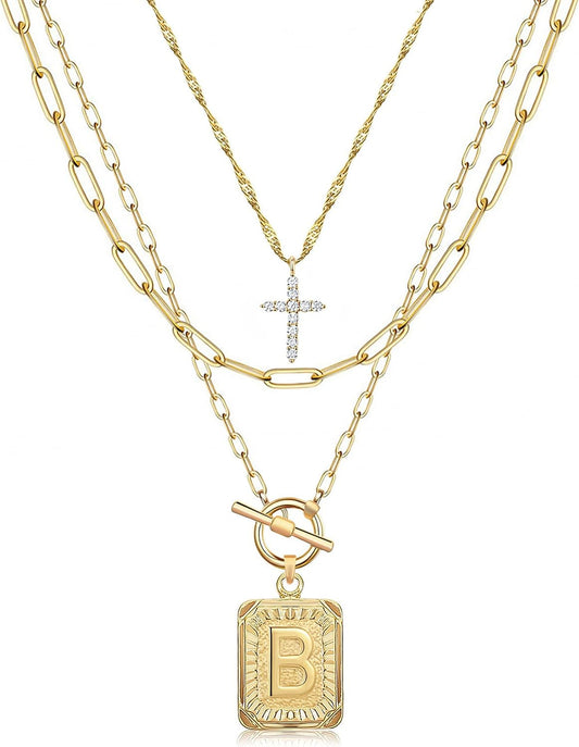 Layered Initial Necklace for Women, 14K Gold Plated Letter Pendant with Cross Charm, Paperclip Chain Choker Jewelry