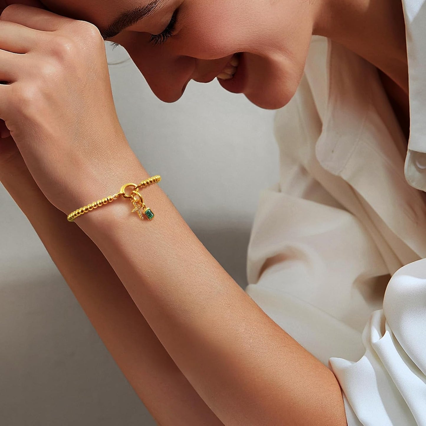 Free bird Cross Birthstone Bracelet | Dainty 14K Gold Plated Cross Charm Bracelet | Stretchable Elastic Gold Beaded Bracelet
