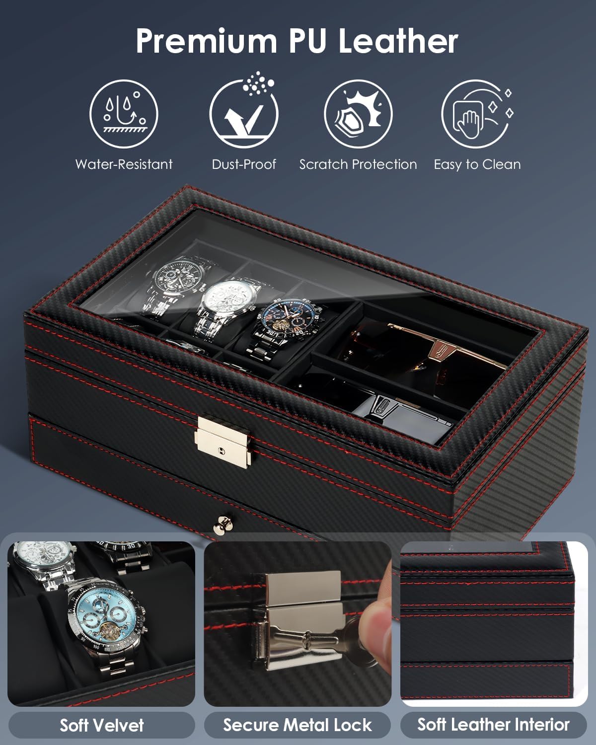 6-Slot 2-Layer Watch Case and Sunglasses Storage with Large Glass Lid, Men's Jewelry Box with Lock