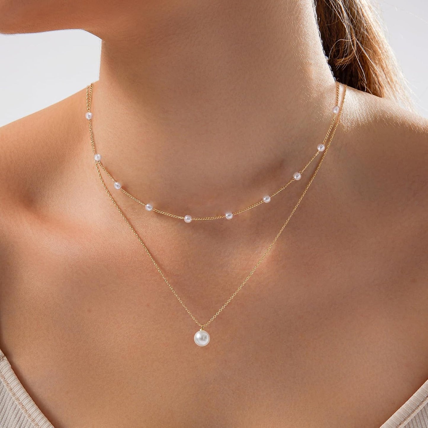 14K Gold Plated Pearl Necklace Set for Women - Dainty Layered Daisy Choker, Elegant Gift