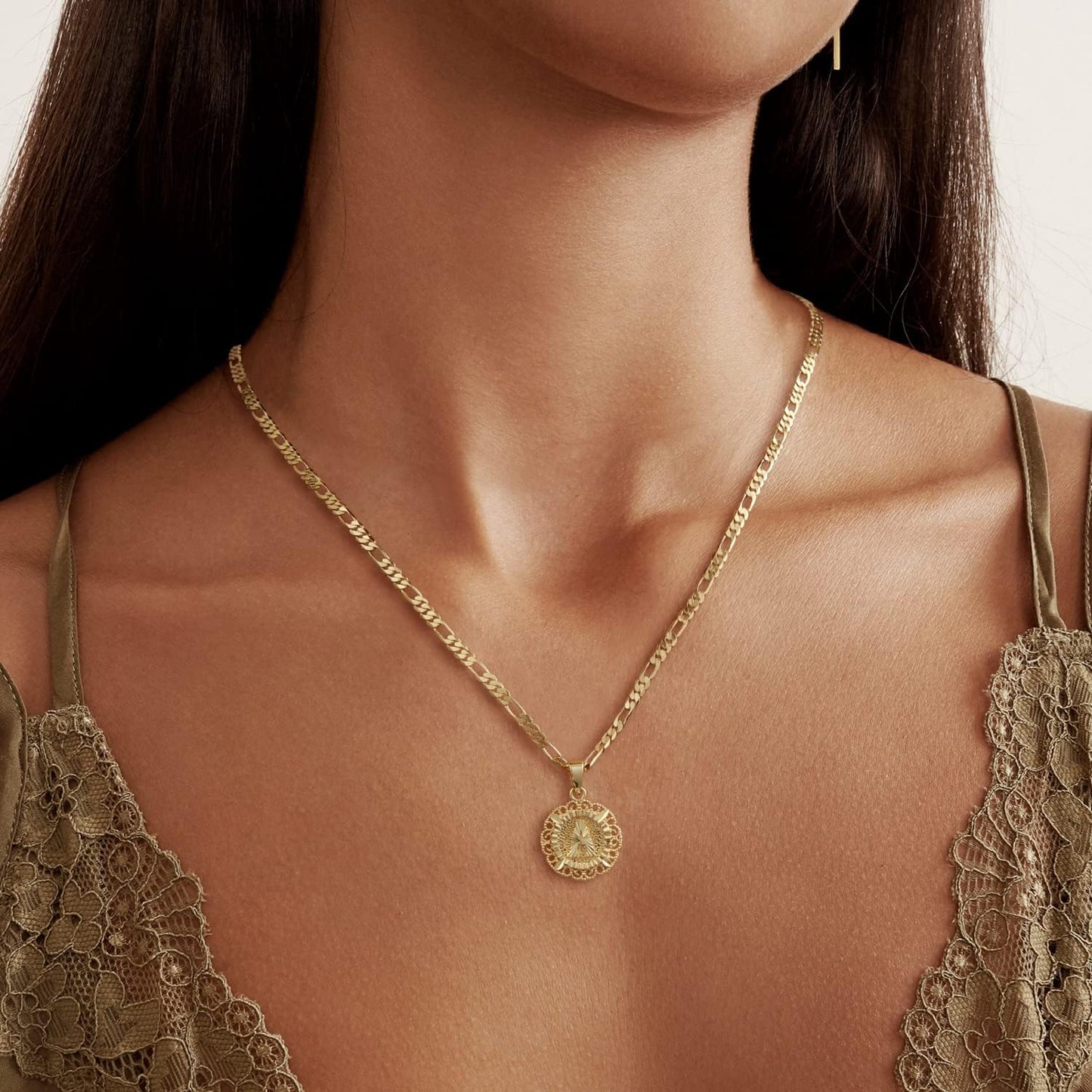 "14K Gold Plated Initial Necklace for Women, Round Letter Pendant A-Z Monogram with Figaro Chain, Alphabet Jewelry"