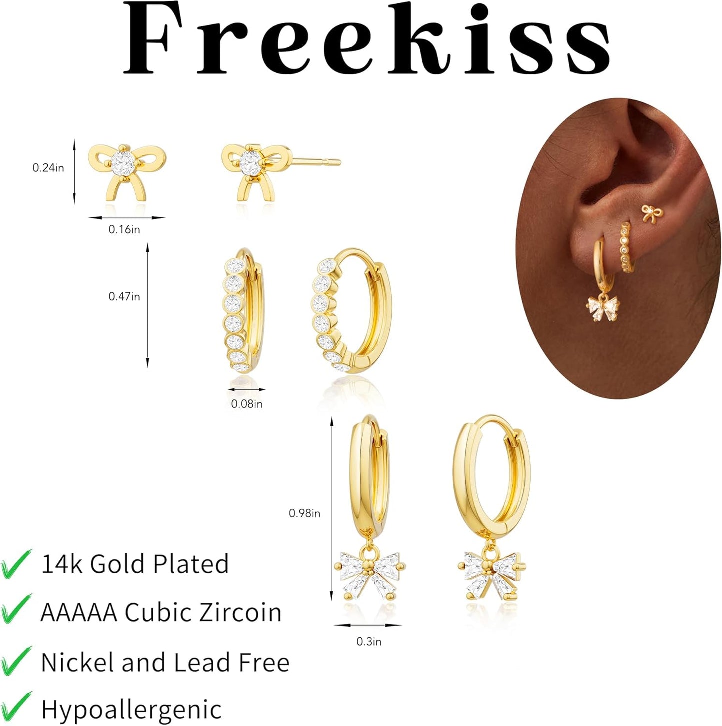 Freekiss 3 Pairs Gold Hoop Earrings Set: Dainty Stud Earrings Trendy Small 14K Gold Plated Hypoallergenic Dangle Cartilage