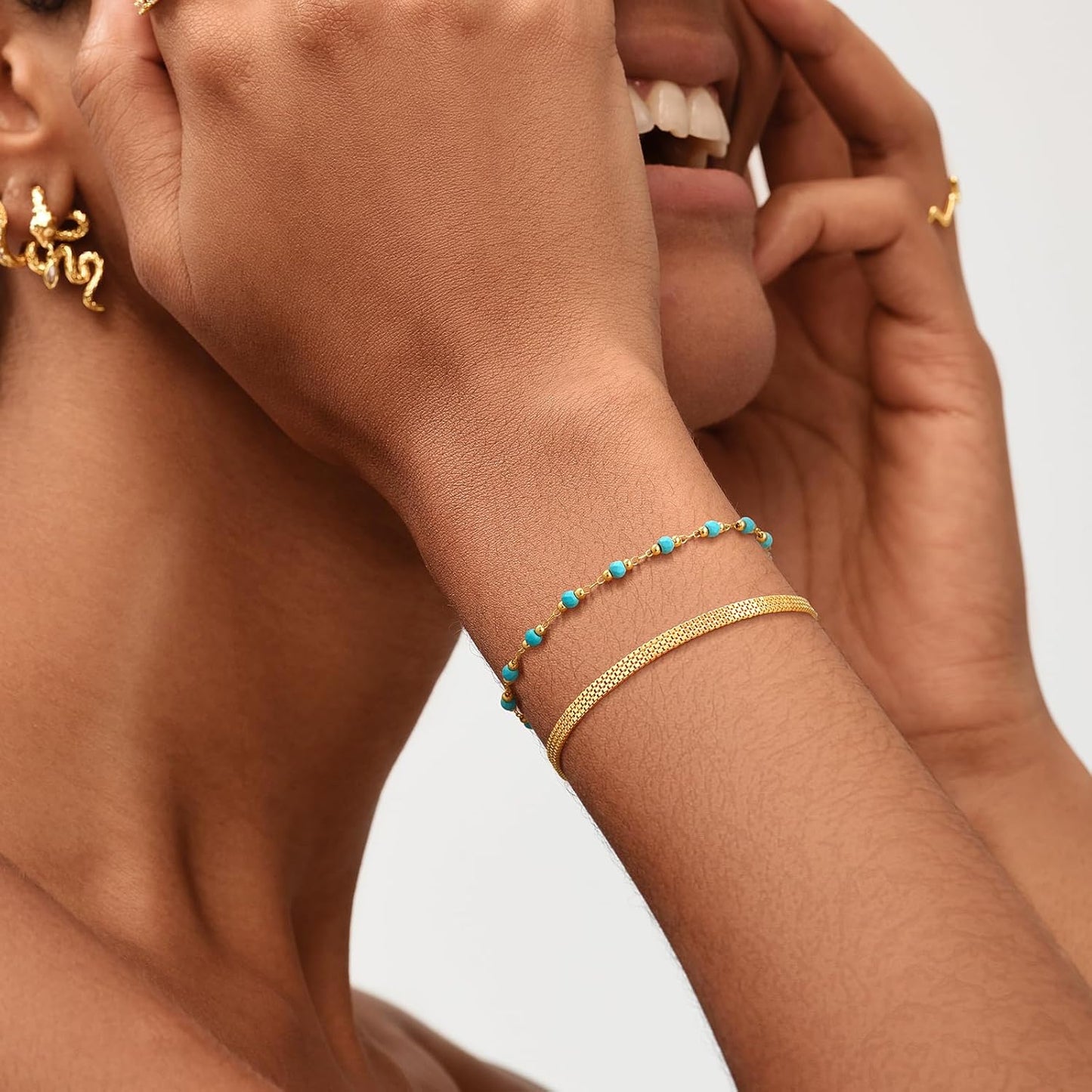 Gold Round Turquoise Beaded Bracelets,14K Gold Plated Handmade Cute Dainty Bracelet for Women