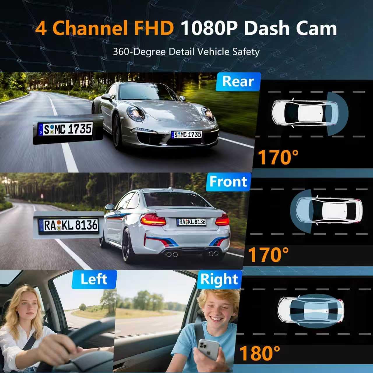 OMOMMD 4 Channel Dash Cam Front and Rear Cabin, Night Vision 8 IR Lamps Dash Camera for Cars, 5G WiFi for Download, G-Sensor, 24H/7 Parking Mode with 64GB Card,Support 256 GB Max (4 Channel-1)