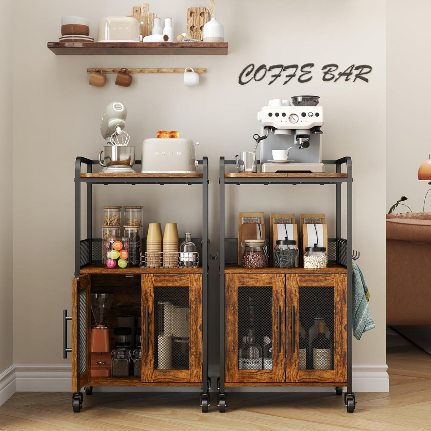 3-Tier Rolling Coffee Bar Table, Farmhouse Coffee Cart Station with 2 Doors for Living Room, Dining Room