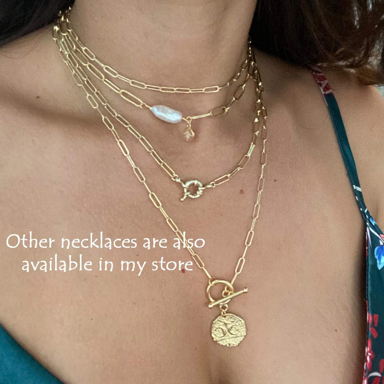 "18K Gold Plated Pendant Necklace, Moon Star Lion Evil Eye Heart Cross Charms, Paperclip Chain Choker, Dainty Layering Jewelry for Women"