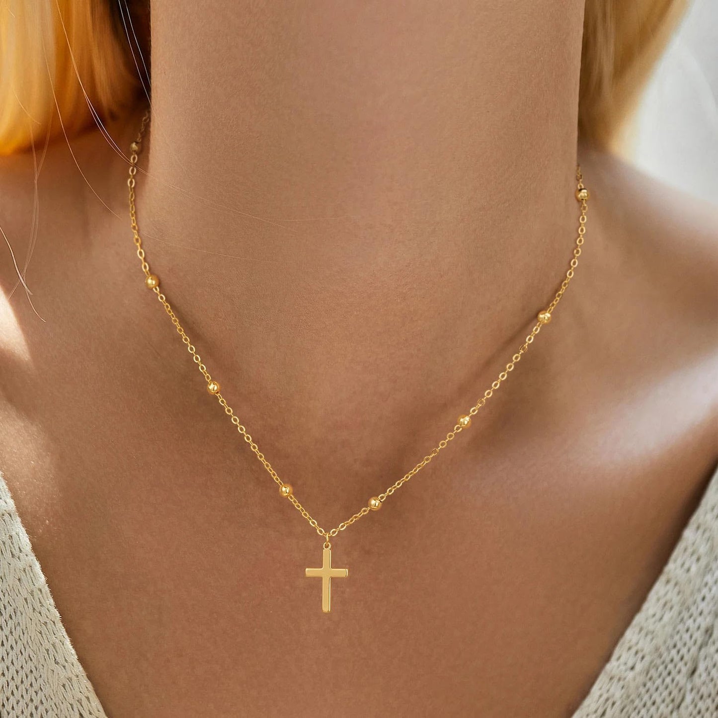 Stackable Cross Pendant Necklace: 14K Gold Plated Simple Silver Charm Choker for Her, Women and Teens