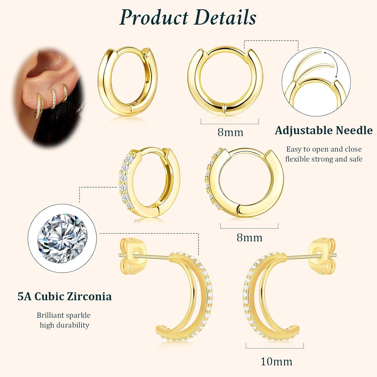 Small Sterling Silver Huggie Hoop Earrings Set for Women, 14K Gold Plated Hoops Stacks for Multiple Piercings