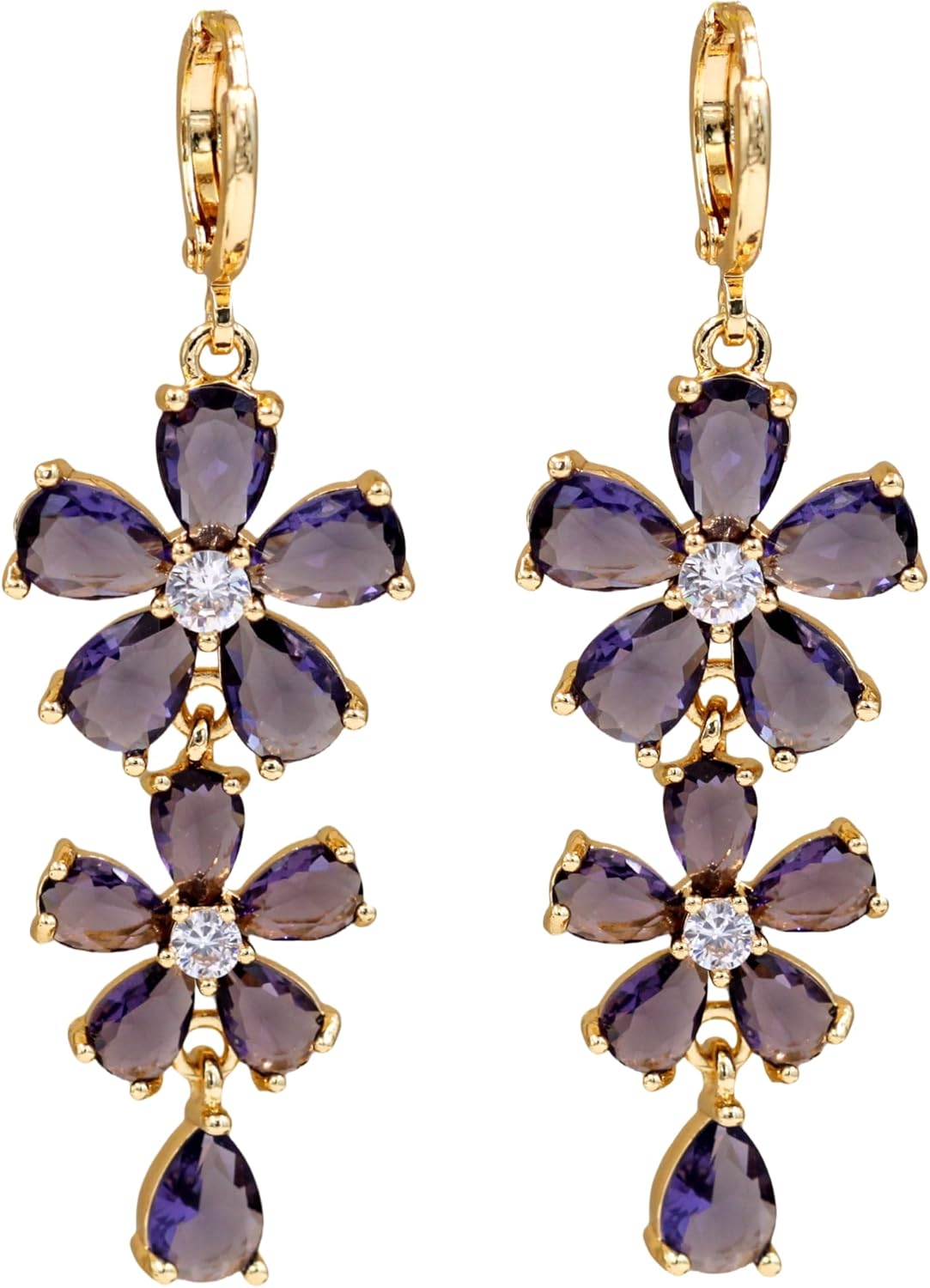 Vuskdtei18K Gold Plated Flower Dangle Earrings for Women, Hypoallergenic Cubic Zirconia Earrings, Elegant Chandelier Drop Earrings