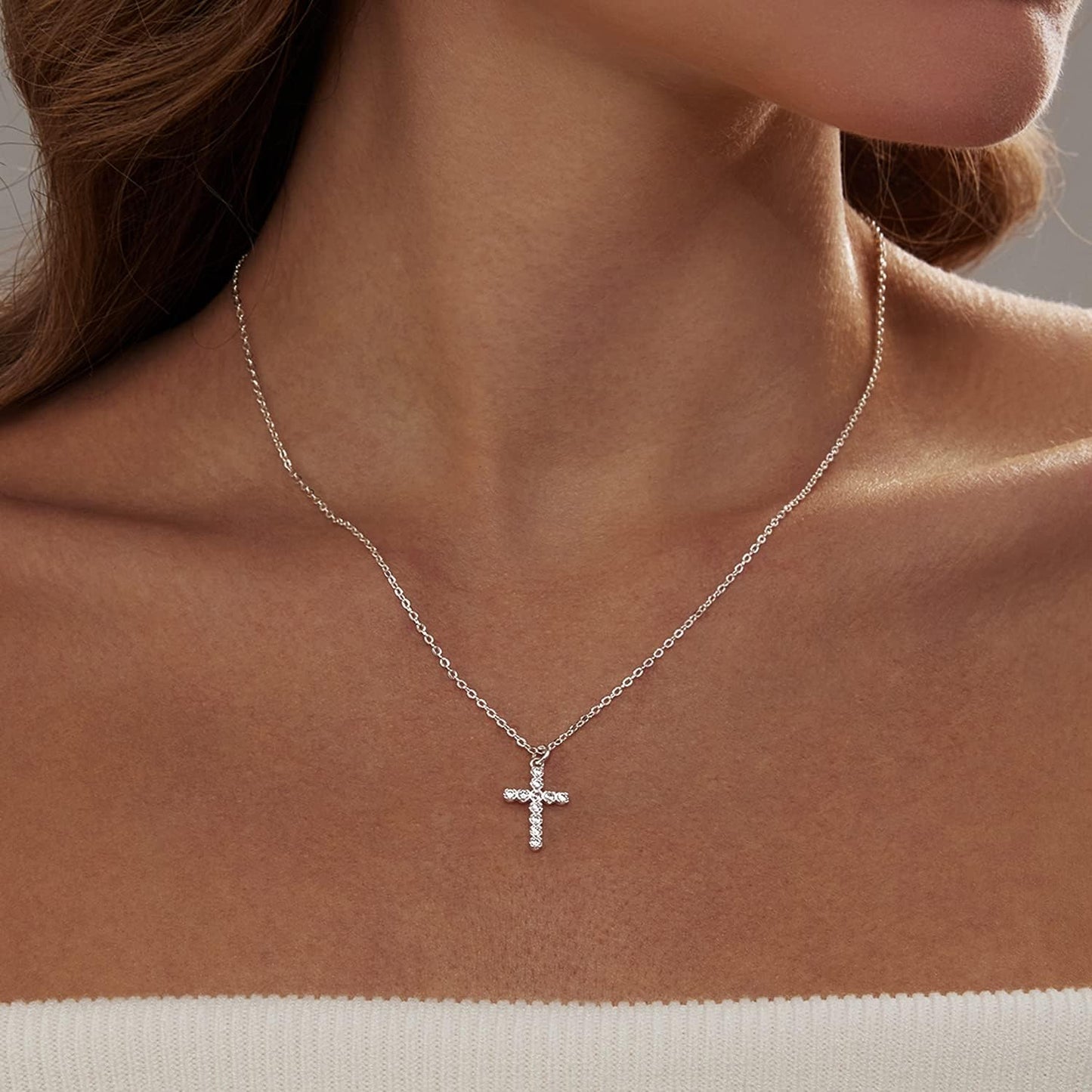 Cross Necklace - 18K Gold/Silver Plated With Cubic Zirconia, Simple Layered Design Dainty Religious Jewelry Gift For Women