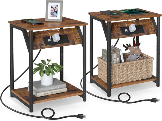Small Side Tables, Nightstand with Outlets and USB Ports, Bedside Table with Storage Shelf