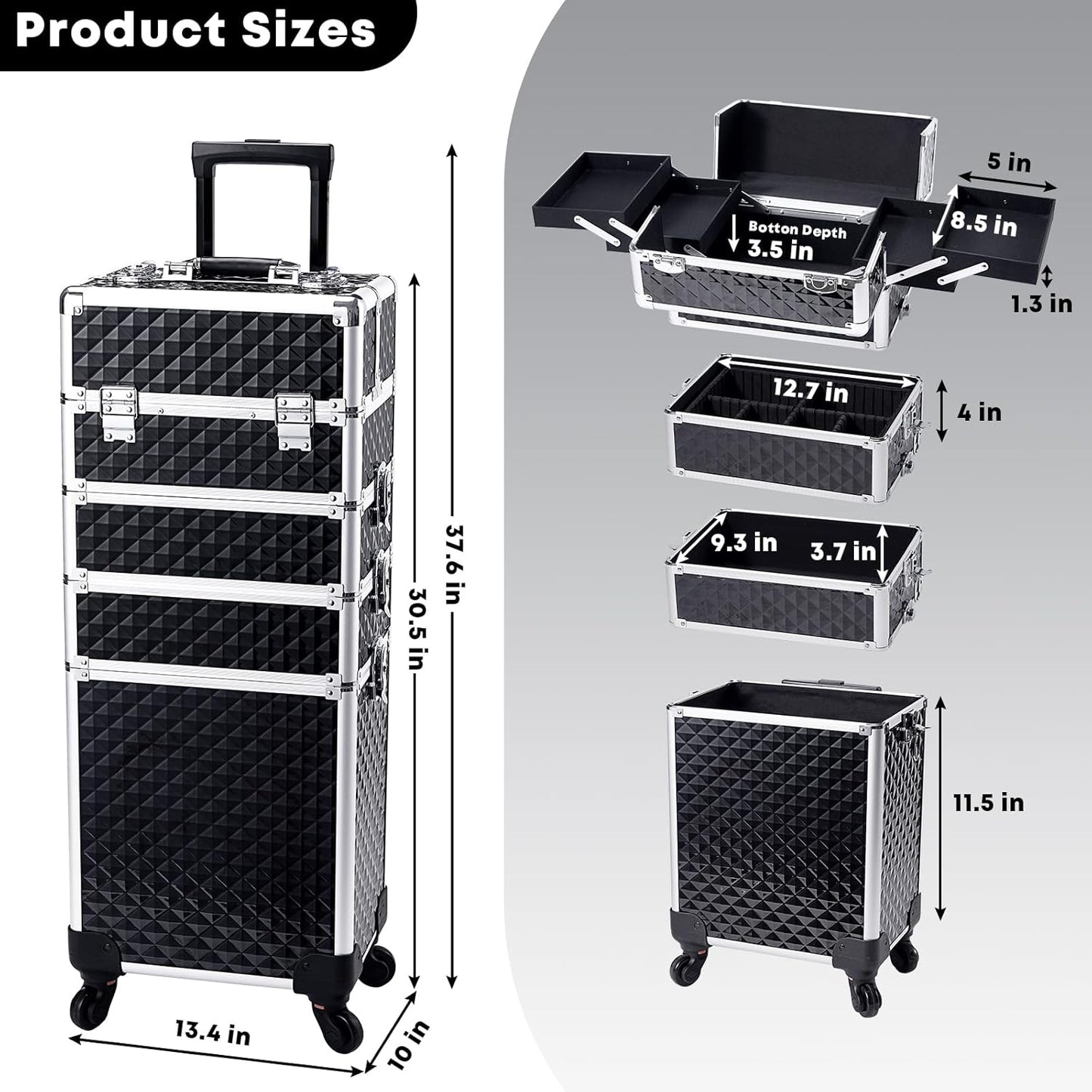 Rolling Makeup Case, 4-in-1 Cosmetology Case on Wheels, Nail Tech Cart for Trave