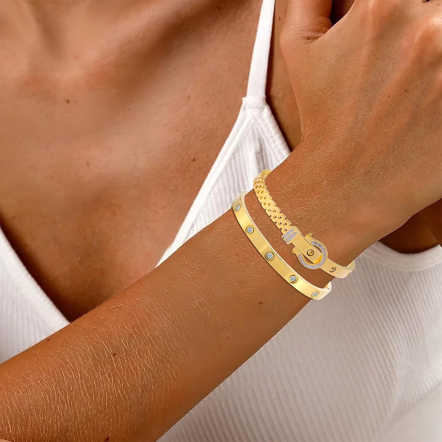 2PCS Gold Bracelets for Women Friendship & Love Theme Crystal Bangle Set Stainless Steel Non Tarnish Jewelry