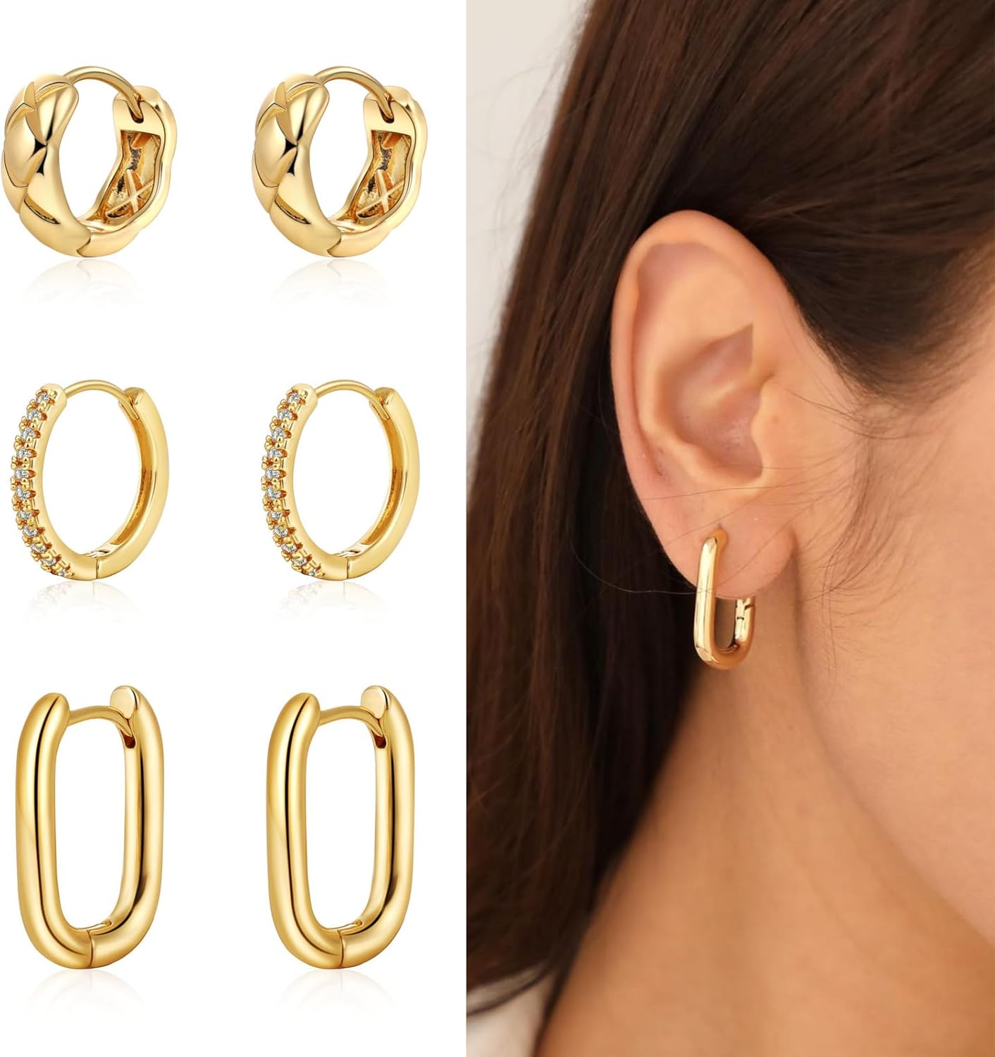 Gold Chunky Hoop Earrings Set for Women, 14K Gold Plated Twisted Huggie Hoop Earring Thick Open Lightweight Chunky Hoop