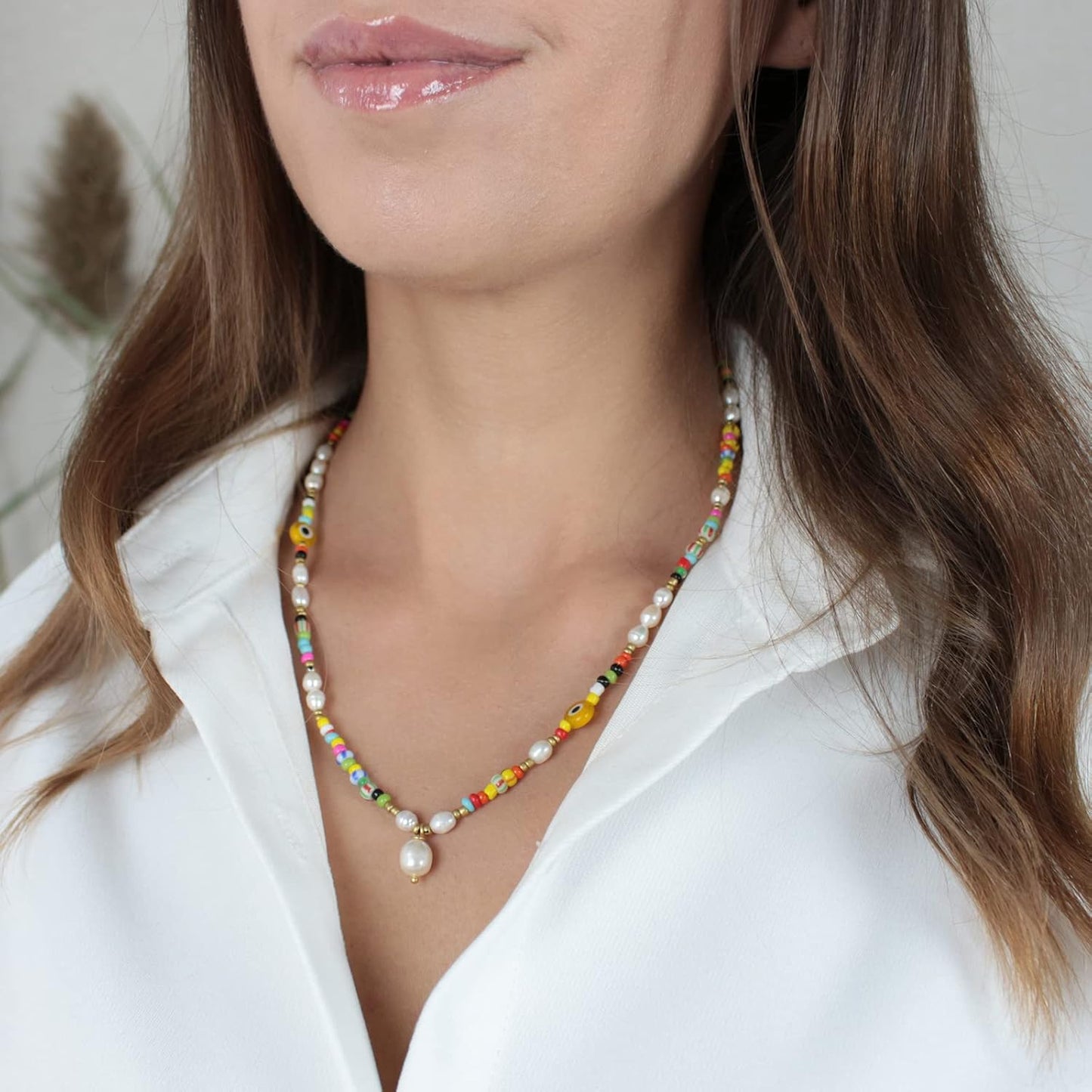 Colorful Beaded Necklace - Freshwater Pearl & Evil Eye Pendant, Stainless Steel 18K Gold Plated Y2K Trendy Jewelry for Women & Teen Girls