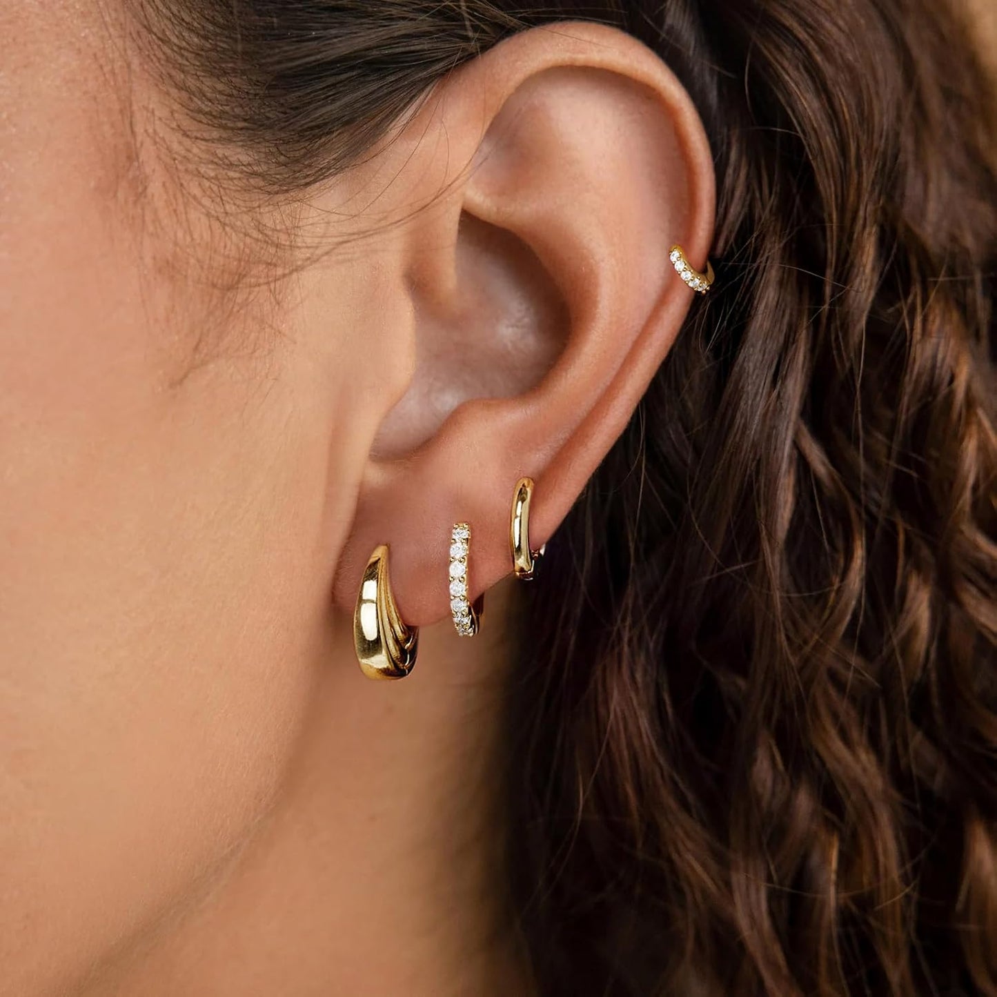 Small Gold Huggie Hoop Earrings Set for Women Men Hypoallergenic 14K Plated Stack Cartilage Earrings, Multiple Piercing