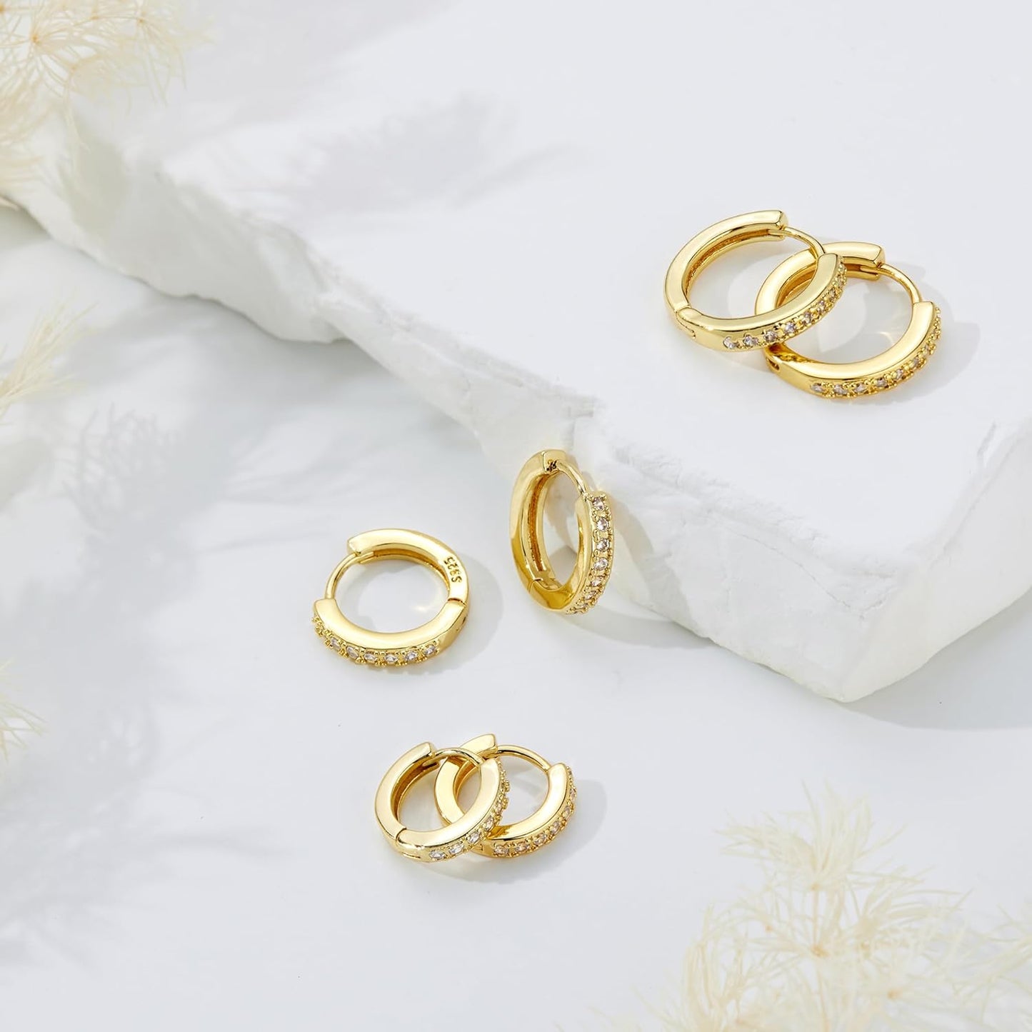 Small Sterling Silver Huggie Hoop Earrings Set for Women, 14K Gold Plated Hoops Stacks for Multiple Piercings