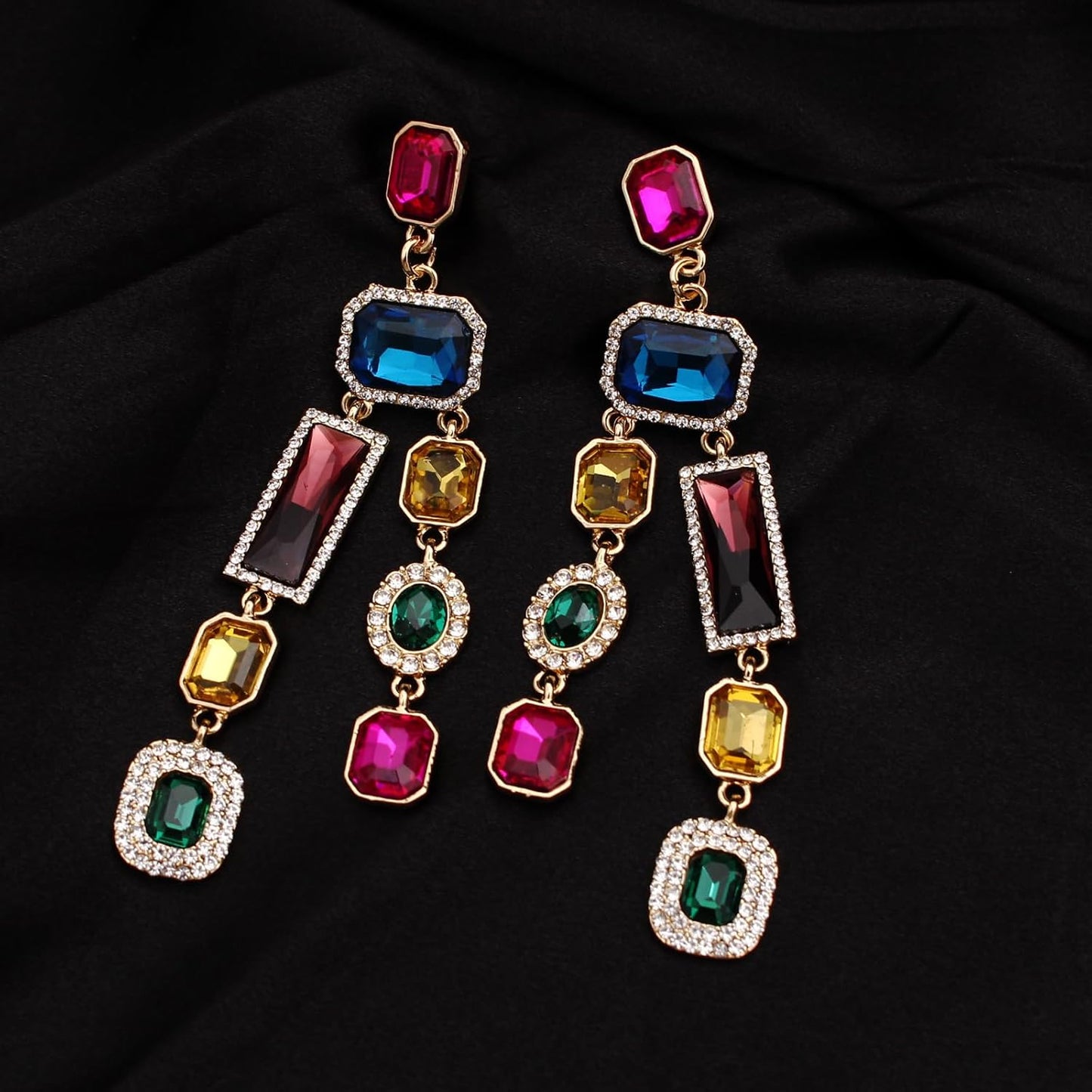 Vintage Rectangle Teardrop Chandelier Earrings, Art Deco Wedding Austrian Crystal Drop Dangle Earrings for Women Party Prom