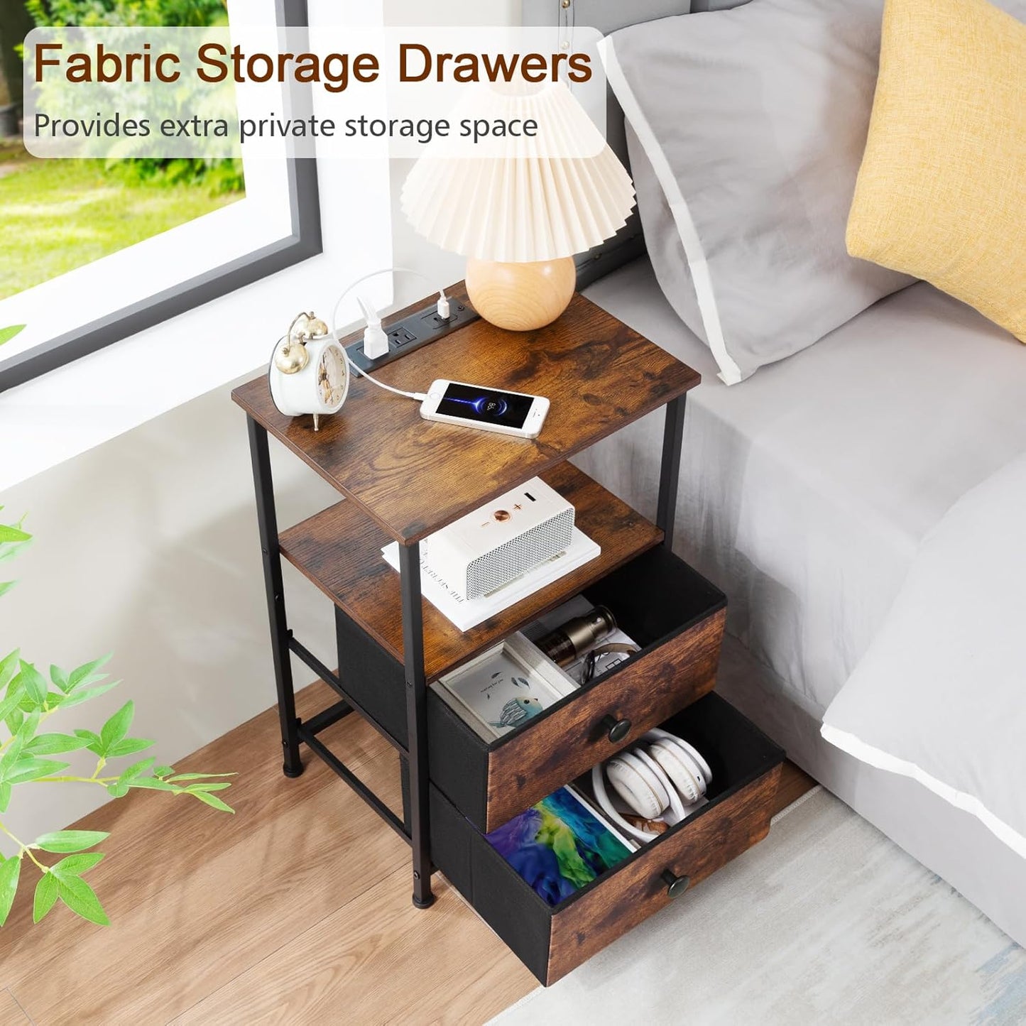 Set 2 Nightstand with Charging Station, End Tables with Storage Shelf , Bedside with 2 Fabric Drawers