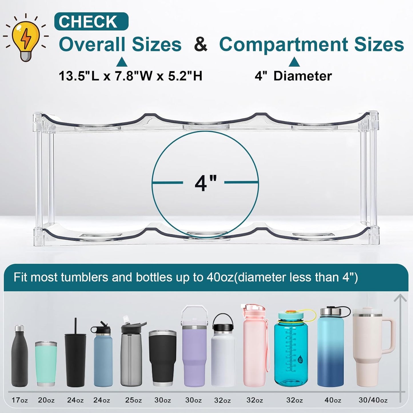 LARGER Compartment - Stackable Water Bottle Organizer Holder - 3 Tier Hold 9