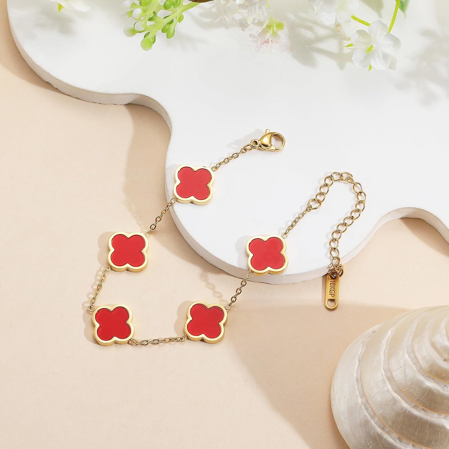 18K Gold Plated Clover Lucky Bracelet for Women White/Black/Red/Green Flower Four Leaf Link Bracelets