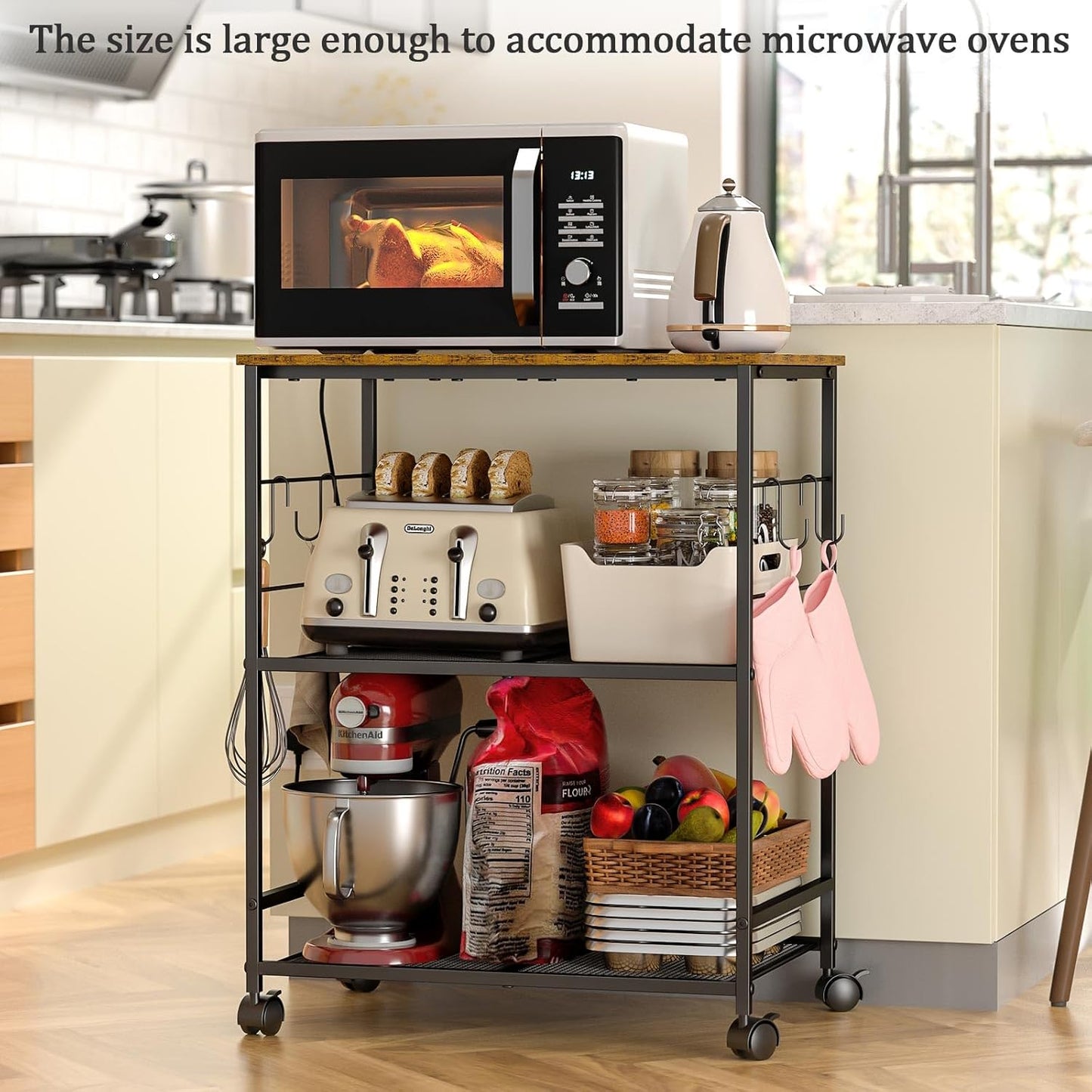 Rolling Kitchen Microwave Cart, 3 Tier Kitchen Utility Cart on Lockable Wheels