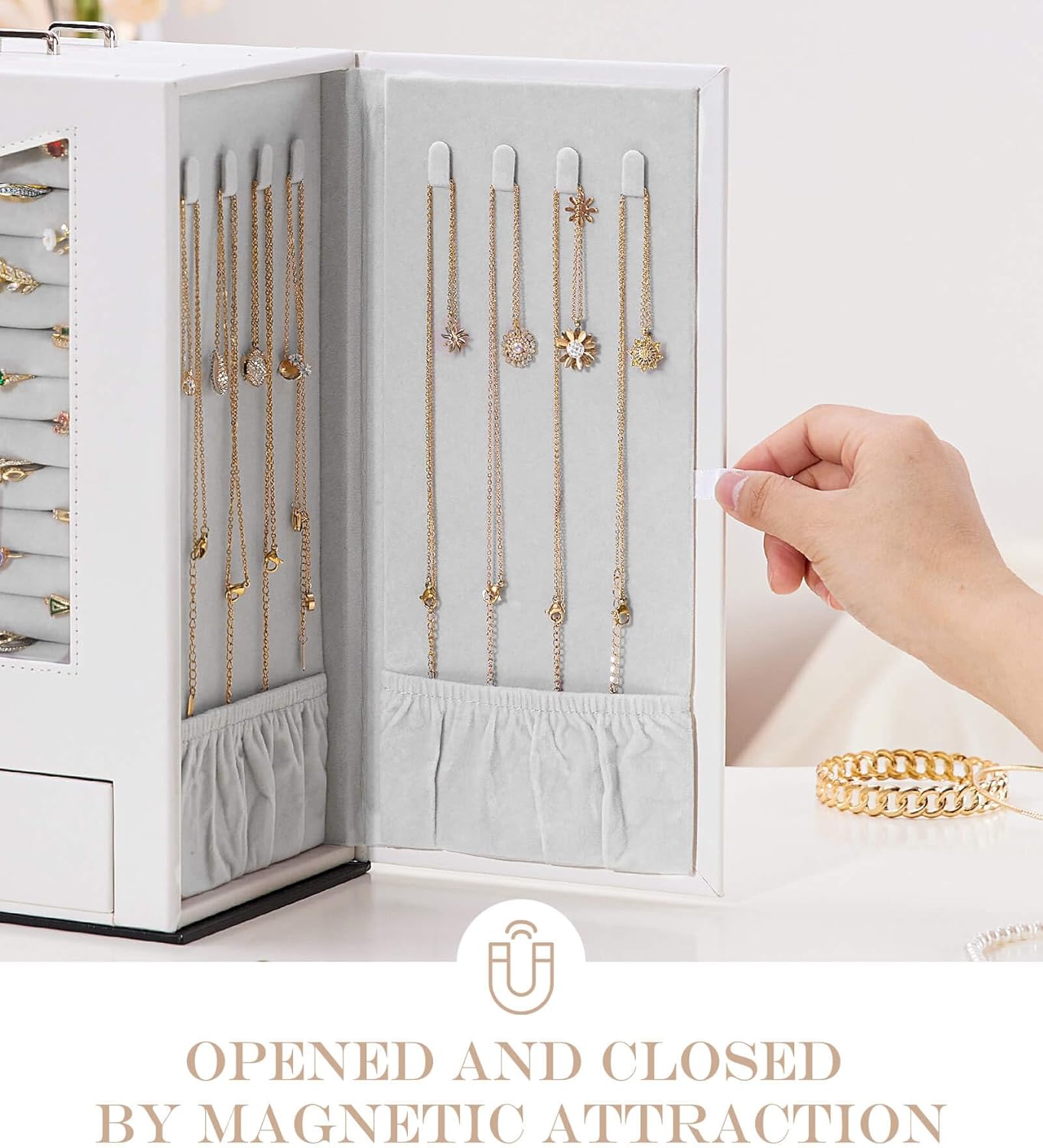 Jewelry Organizer with Transparent Window Necklace Hooks Jewelry Box for Necklaces Rings Earrings Bracelets