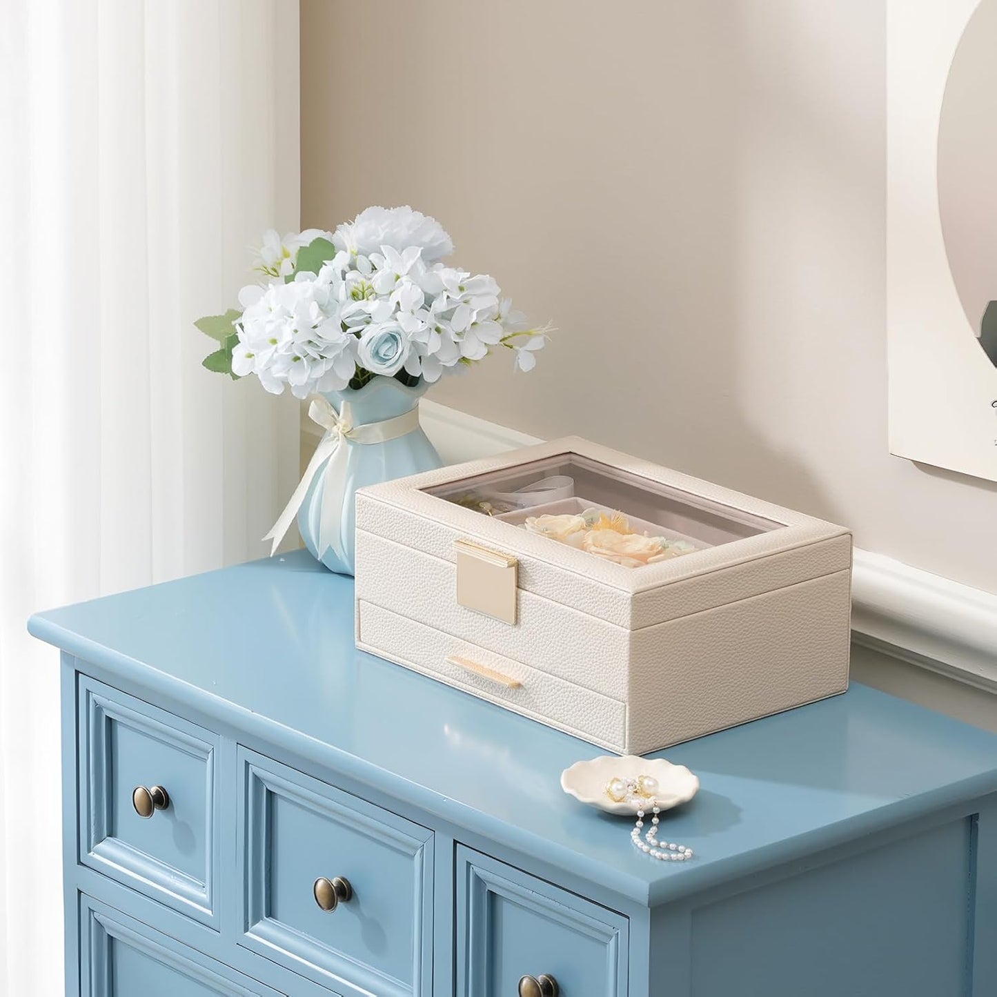 Jewelry Organizer with Glass Lid, 2-Layer Jewelry Box Case with Drawer, Gift for Women Mom