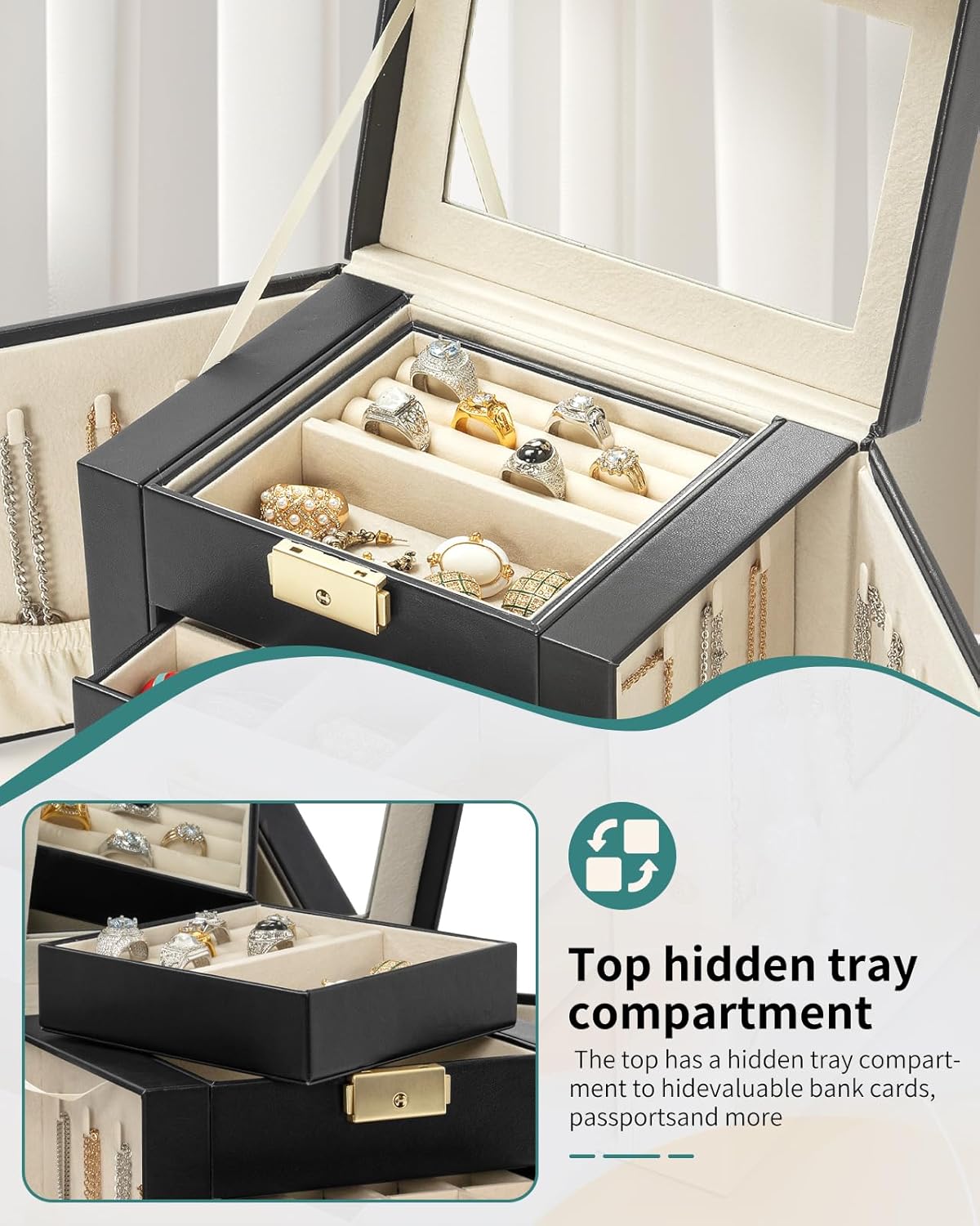 4-Tier Jewelry Box Leather Jewelry Storage Organizer with 3 Drawers Lockable