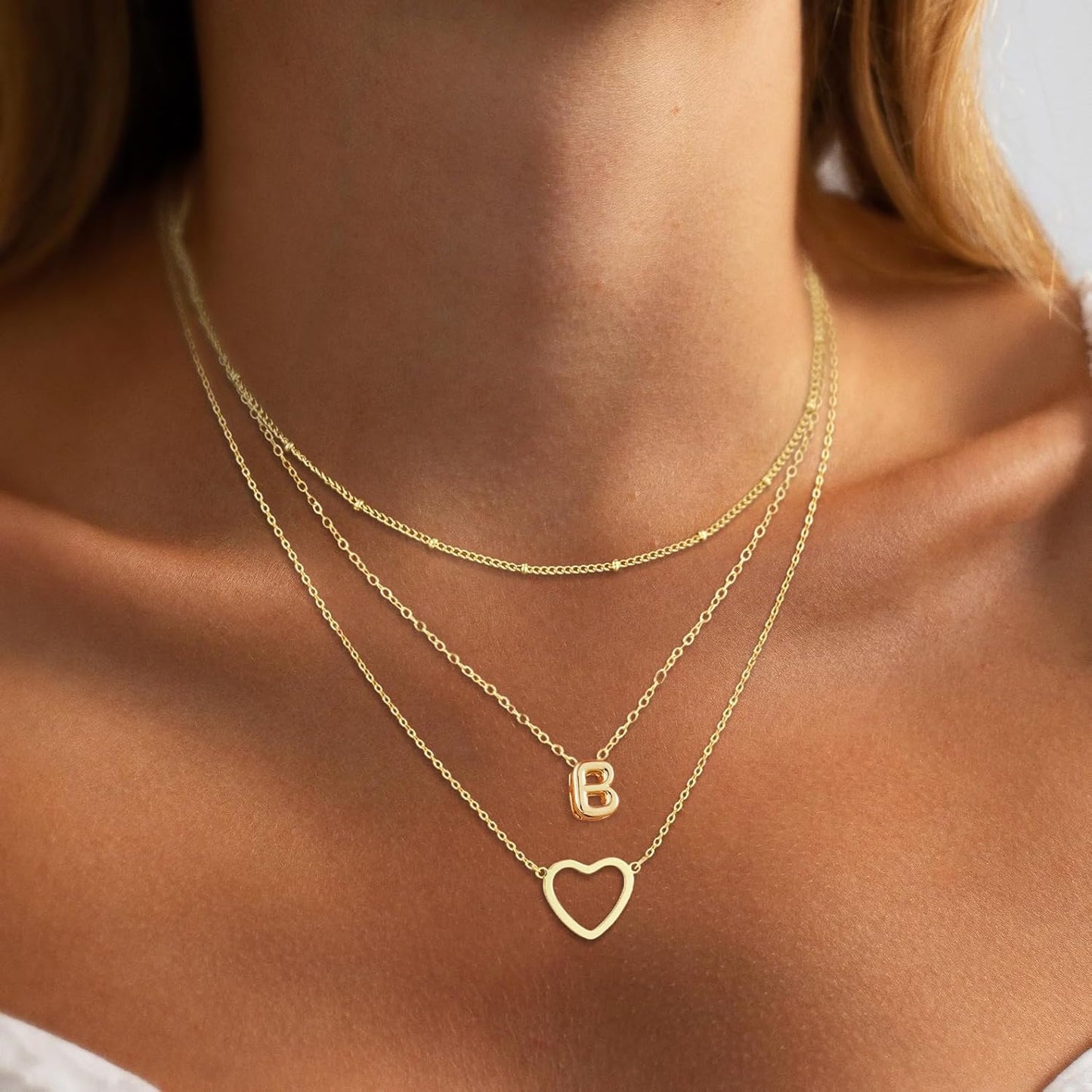 14K Gold Plated Initial Necklace, Layered Heart & A-Z Letter Personalized Gift for Women