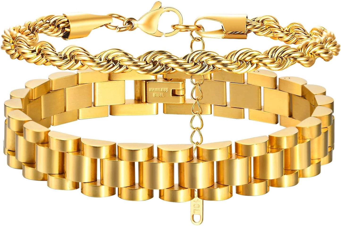 2pcs Gold Chain Link Bracelet, Stainless Steel Crystal Friendship Bracelets Bangle,Watch Band Chains Wristband
