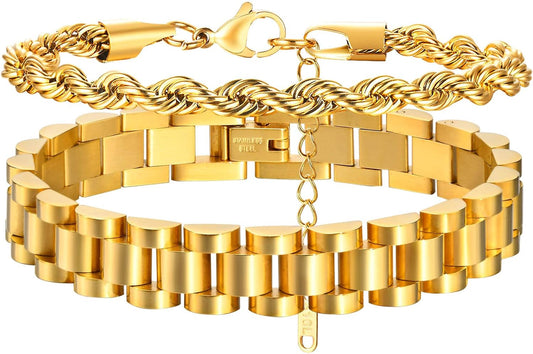 2pcs Gold Chain Link Bracelet, Stainless Steel Crystal Friendship Bracelets Bangle,Watch Band Chains Wristband