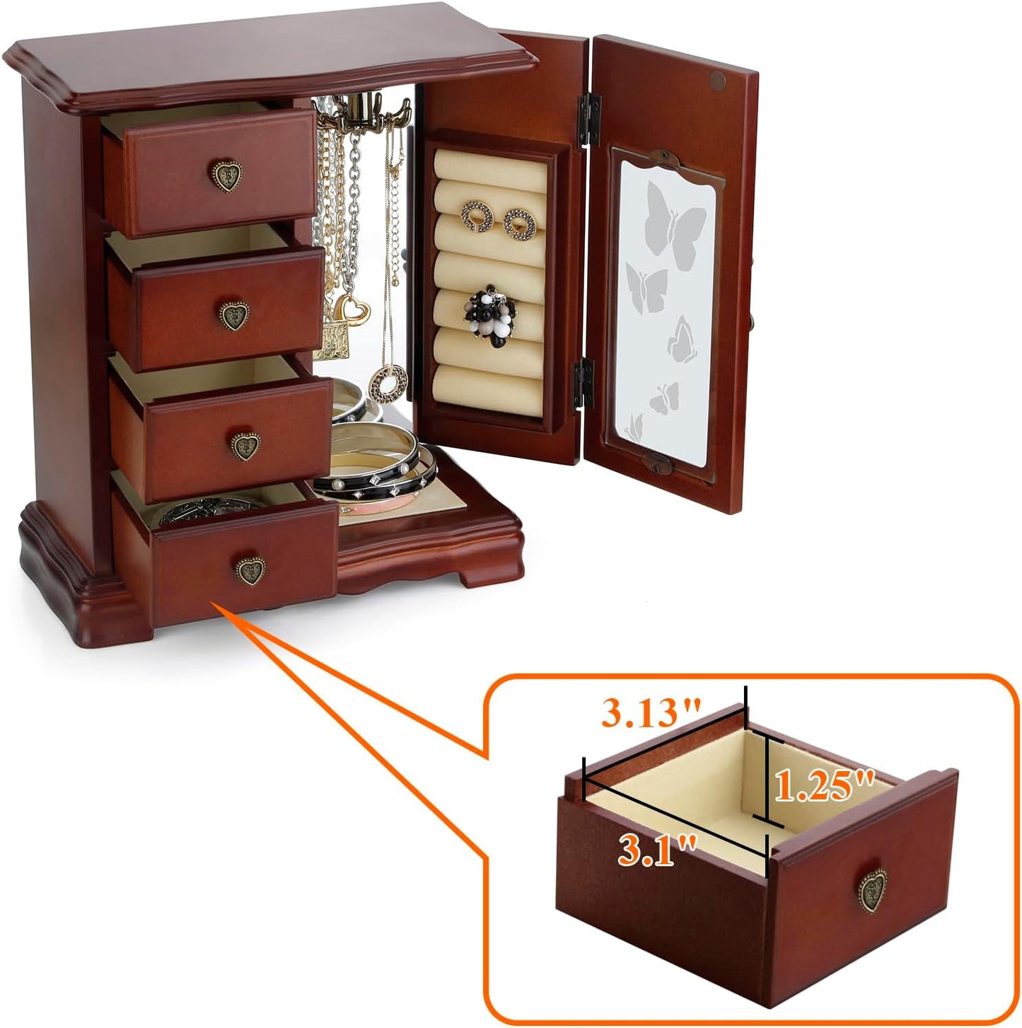 Solid Wooden Jewelry Box Organizer Women Ring Storage with 4-Drawers Built-in Necklace Carousel and Mirror