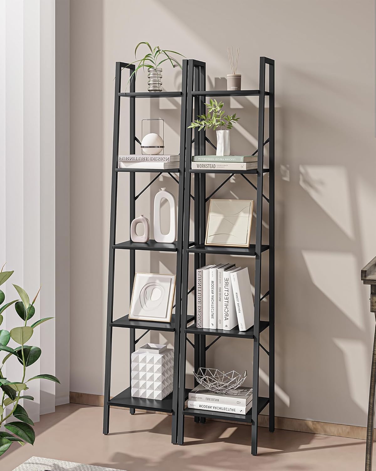 Ladder Shelf, Bookshelf Bookcase, Freestanding Corner Storage Shelve with 2 Hooks