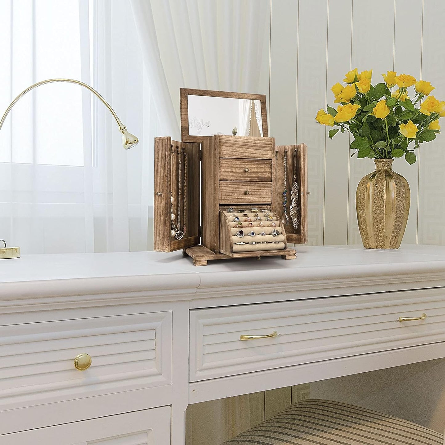 Rustic Wooden Jewelry Boxes & Organizers with Mirror, 4 Layer Jewelry Organizer Box (Rustic Brown)