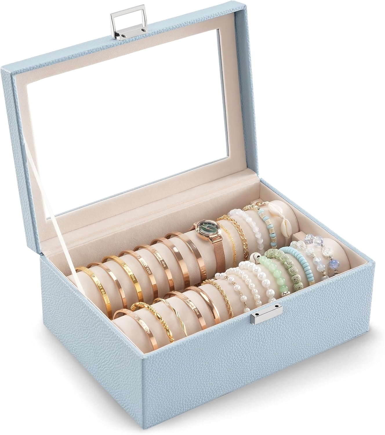 Bracelet Display Holder with Rods for Bangles Watches, Clear Lid Jewelry Organizer Box